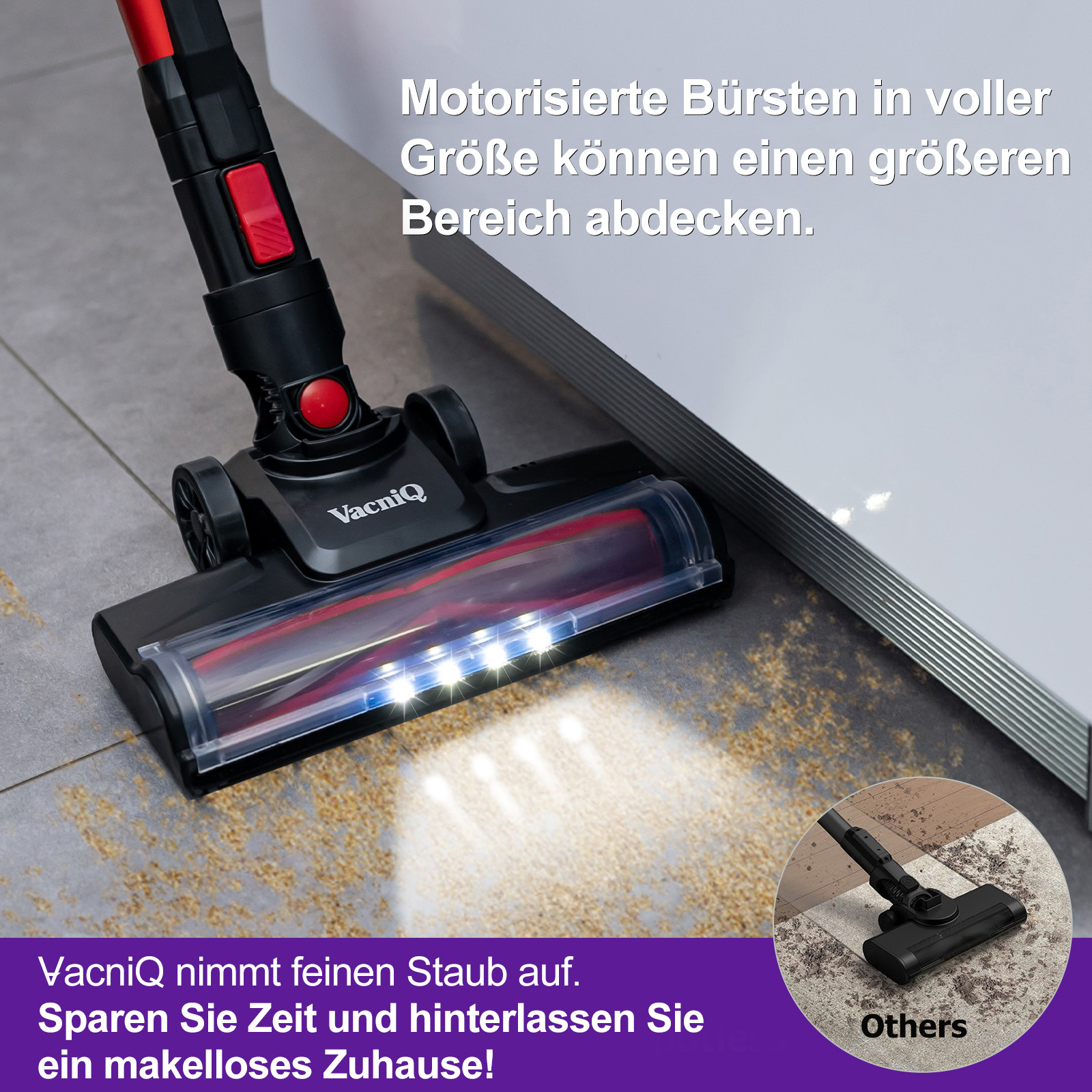 Schwarzer und roter Staubsaugerkopf auf einem Boden mit deutschem Text.