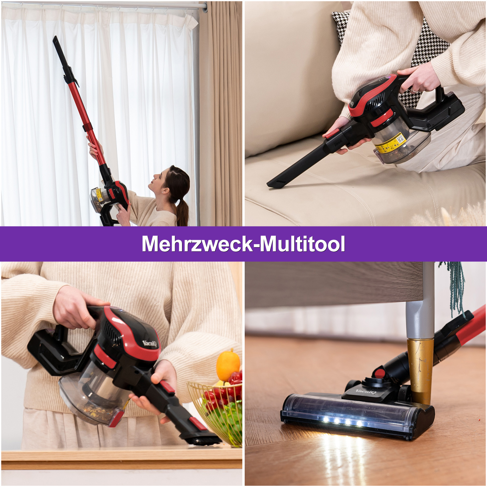 Vier Bilder, die zeigen, wie der Multitool-Staubsauger in verschiedenen Szenarien und Positionen verwendet wird.
