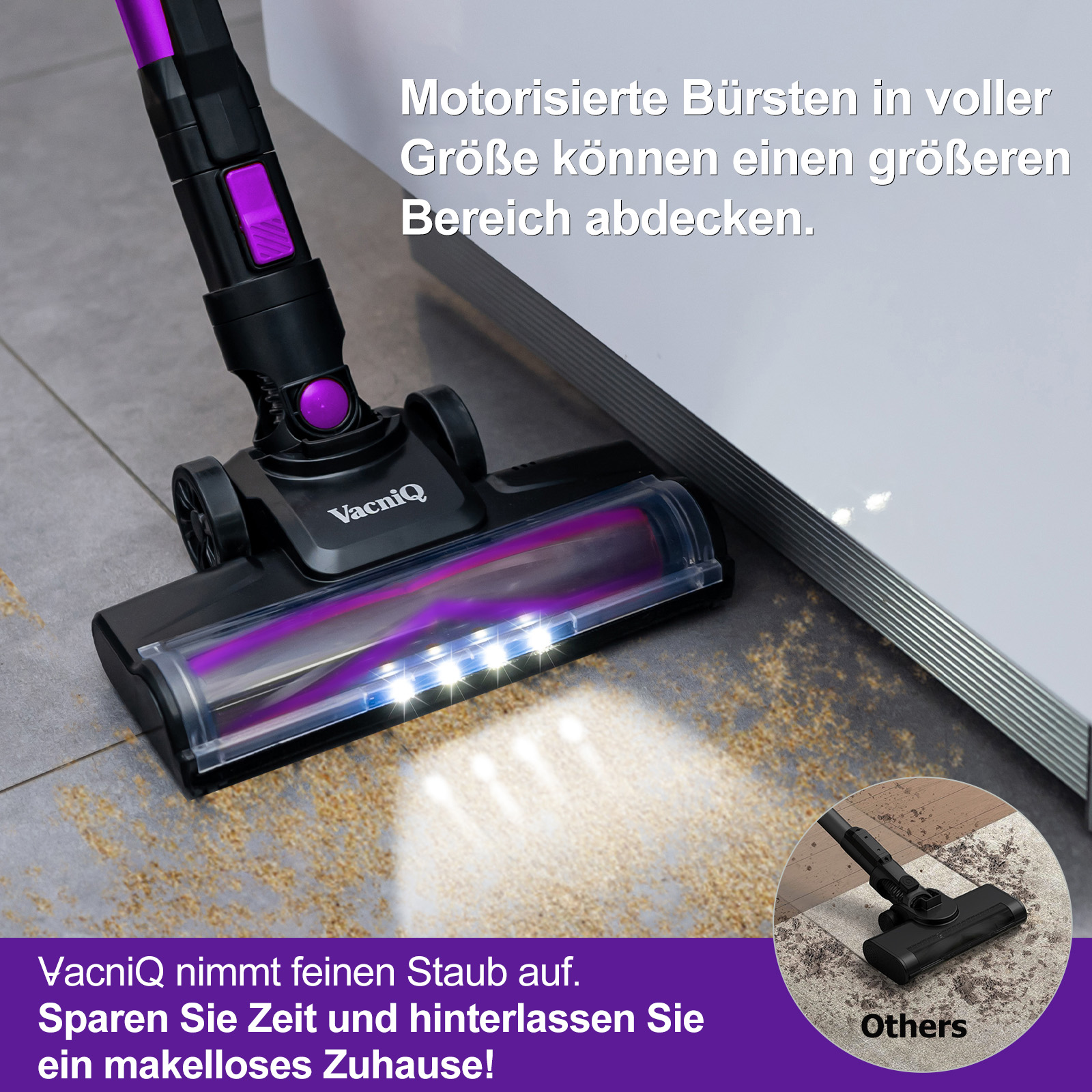 Ein Staubsauger mit lila Kopf. Er reinigt einen grauen Fliesenboden. Ein Kreis zeigt Staub.
