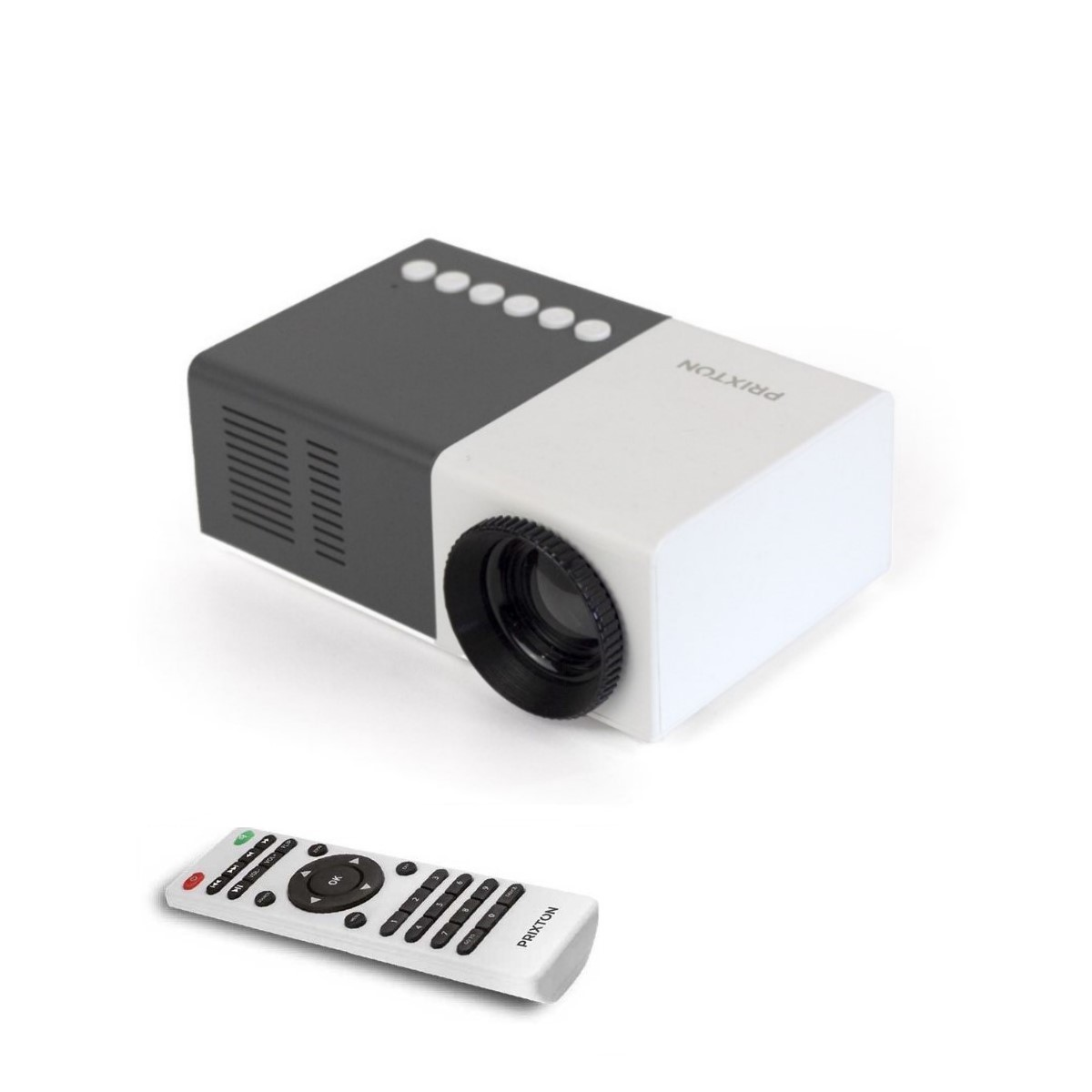Black and white projector with a remote. The projector has a lens and ventilation holes.