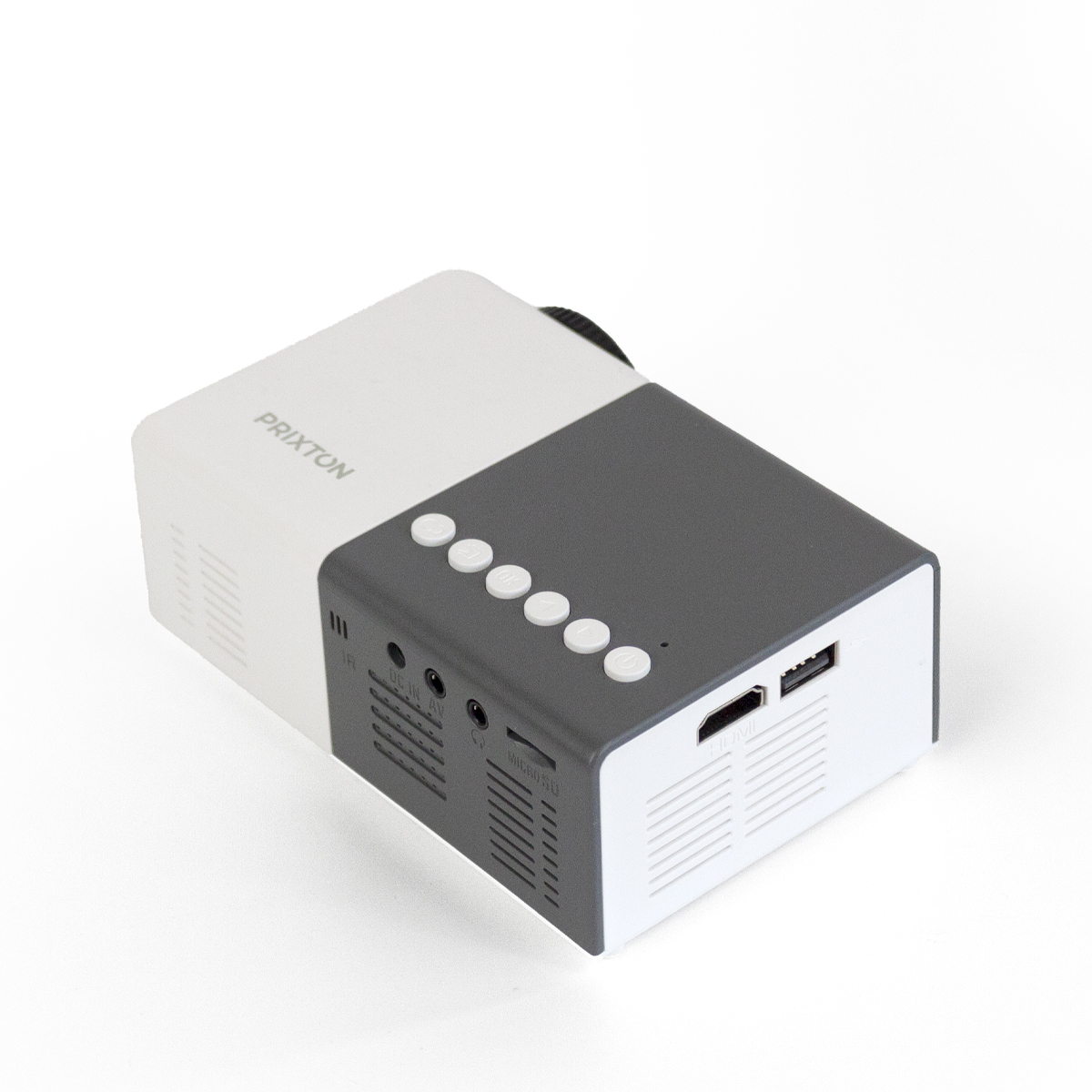 A white and gray projector with buttons, ports, and a lens. The background is white.