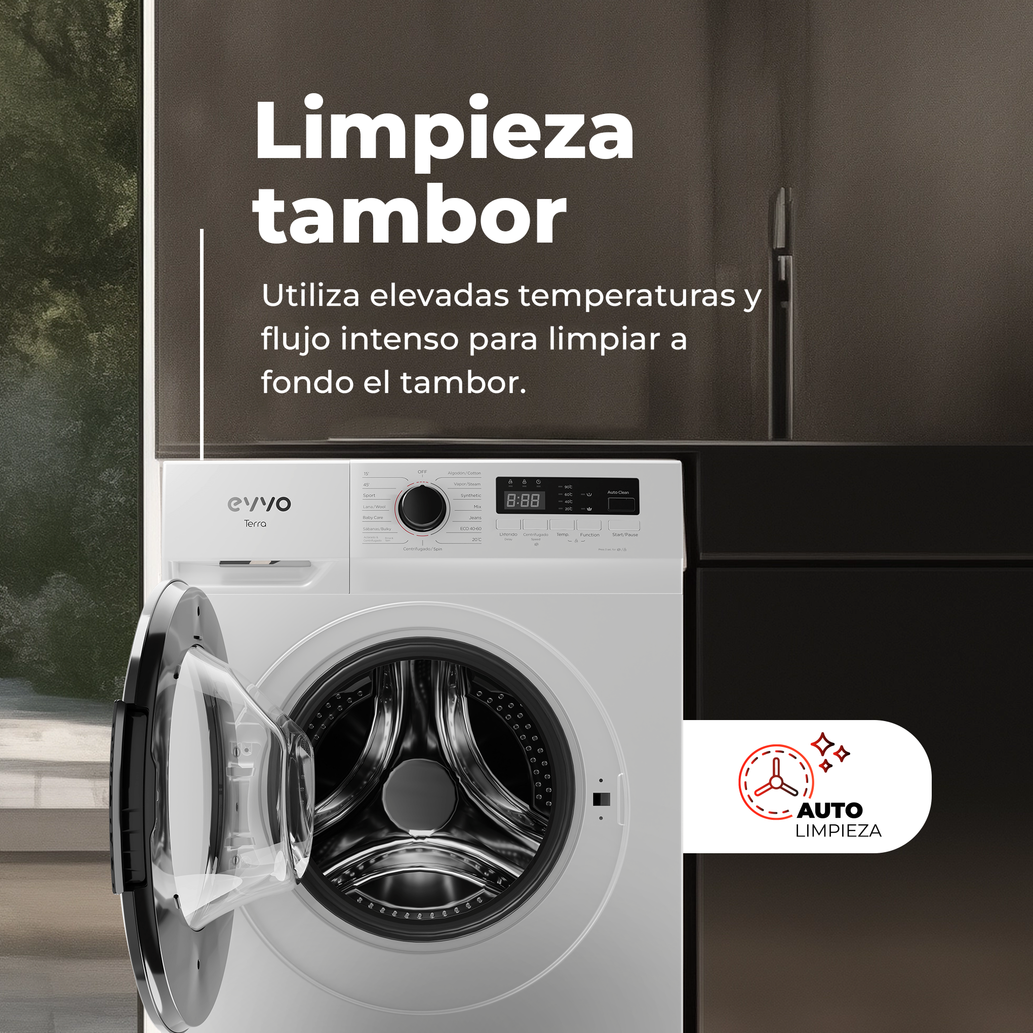 Una lavadora blanca con la puerta abierta. El texto de arriba dice: Limpieza del tambor. Icono de limpieza automática.
