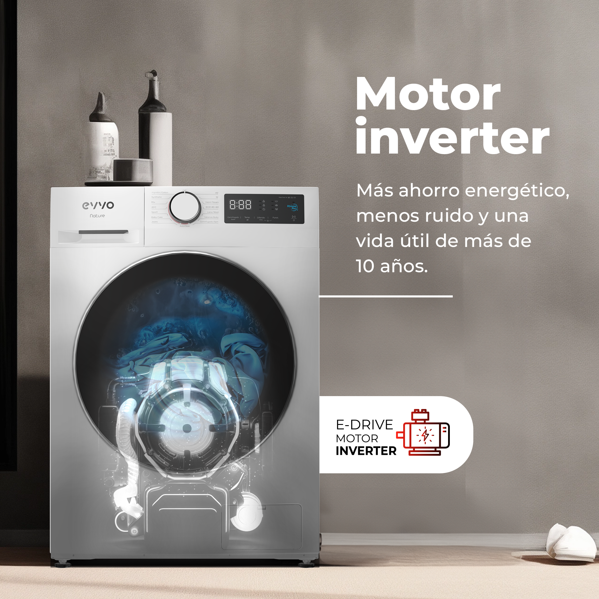Lavadora con vista abierta al interior. El texto dice Motor inversor.