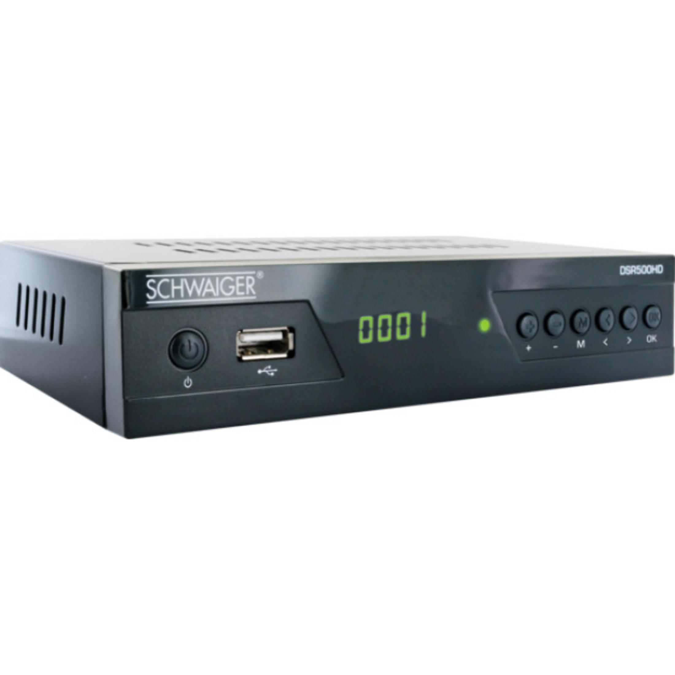 Ein schwarzer Digitalreceiver mit Bildschirm, Knöpfen und USB-Anschluss.