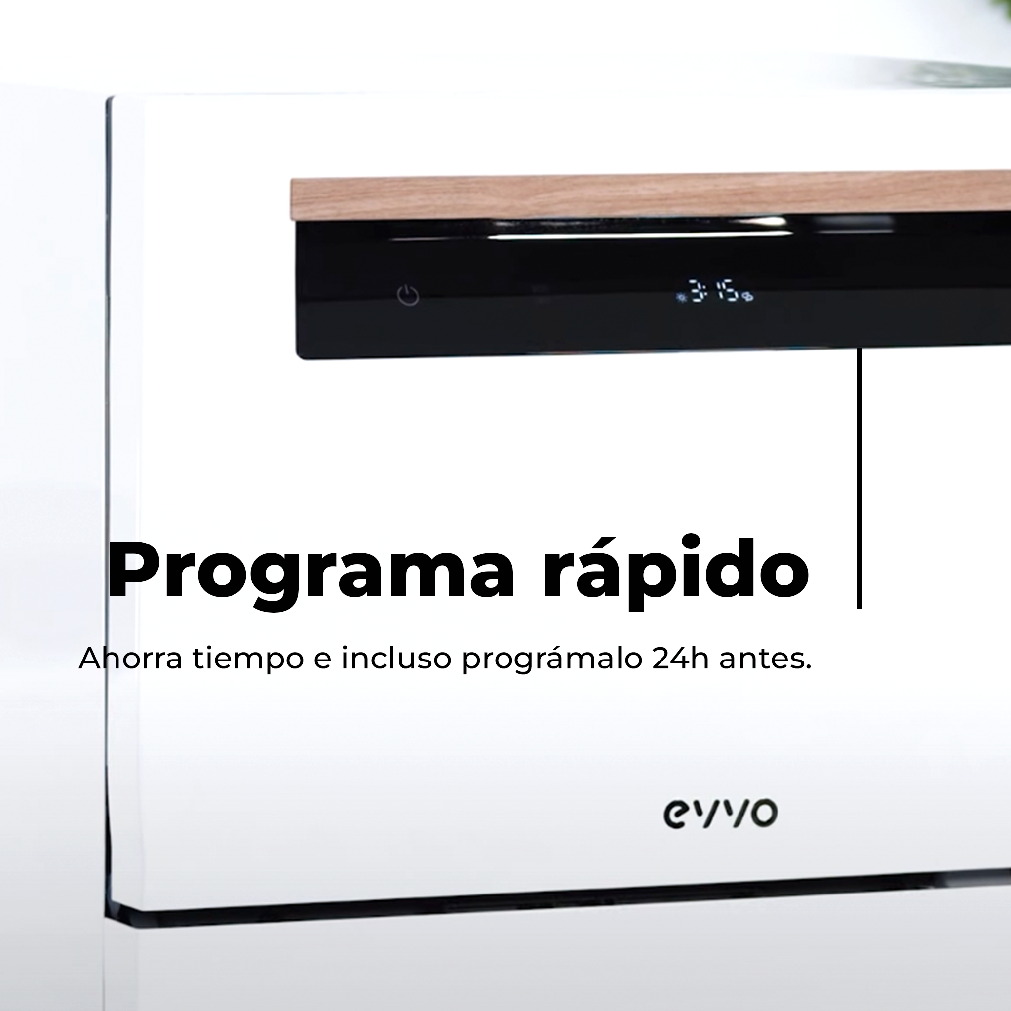 Lavastoviglie bianca con piano in legno, che mostra il testo 'Programación rápida'.