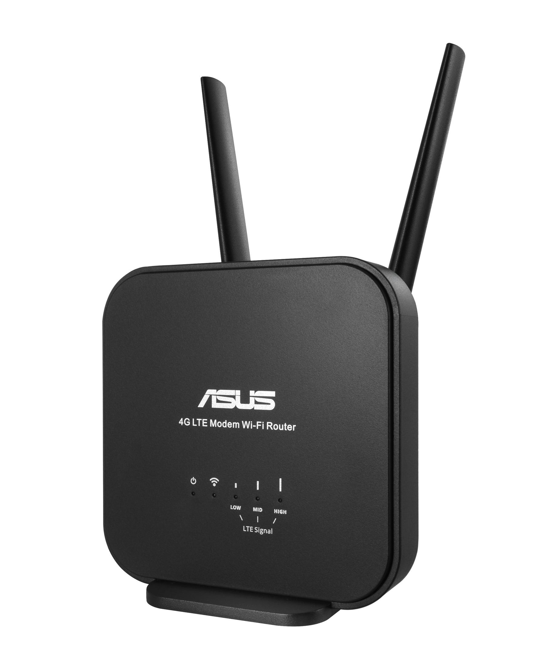 Un router Wi-Fi ASUS nero con due antenne. Ha indicatori LED per l'alimentazione, il Wi-Fi e il segnale LTE.