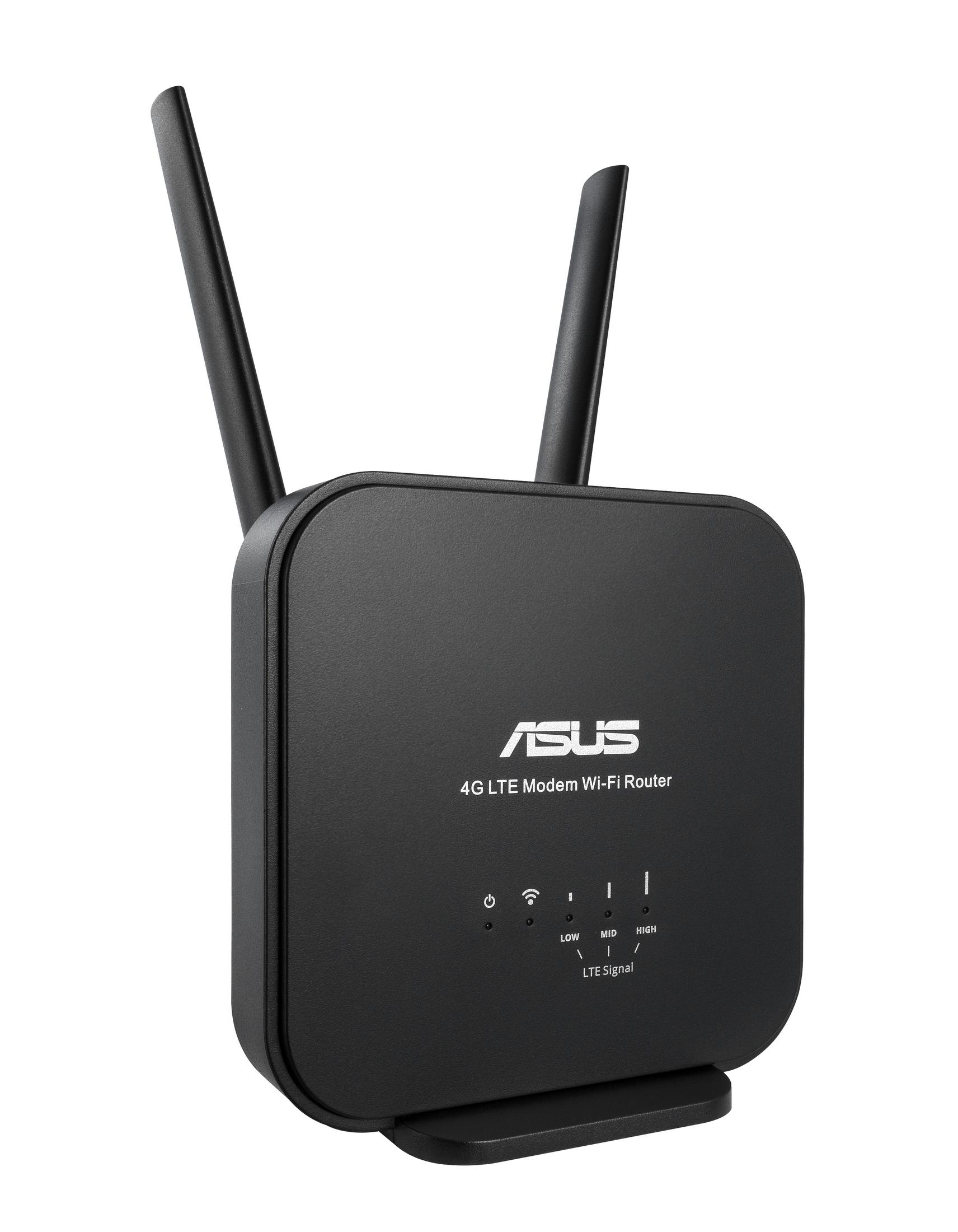 Router Wi-Fi ASUS 4G LTE nero con due antenne, frontale con spie di stato.