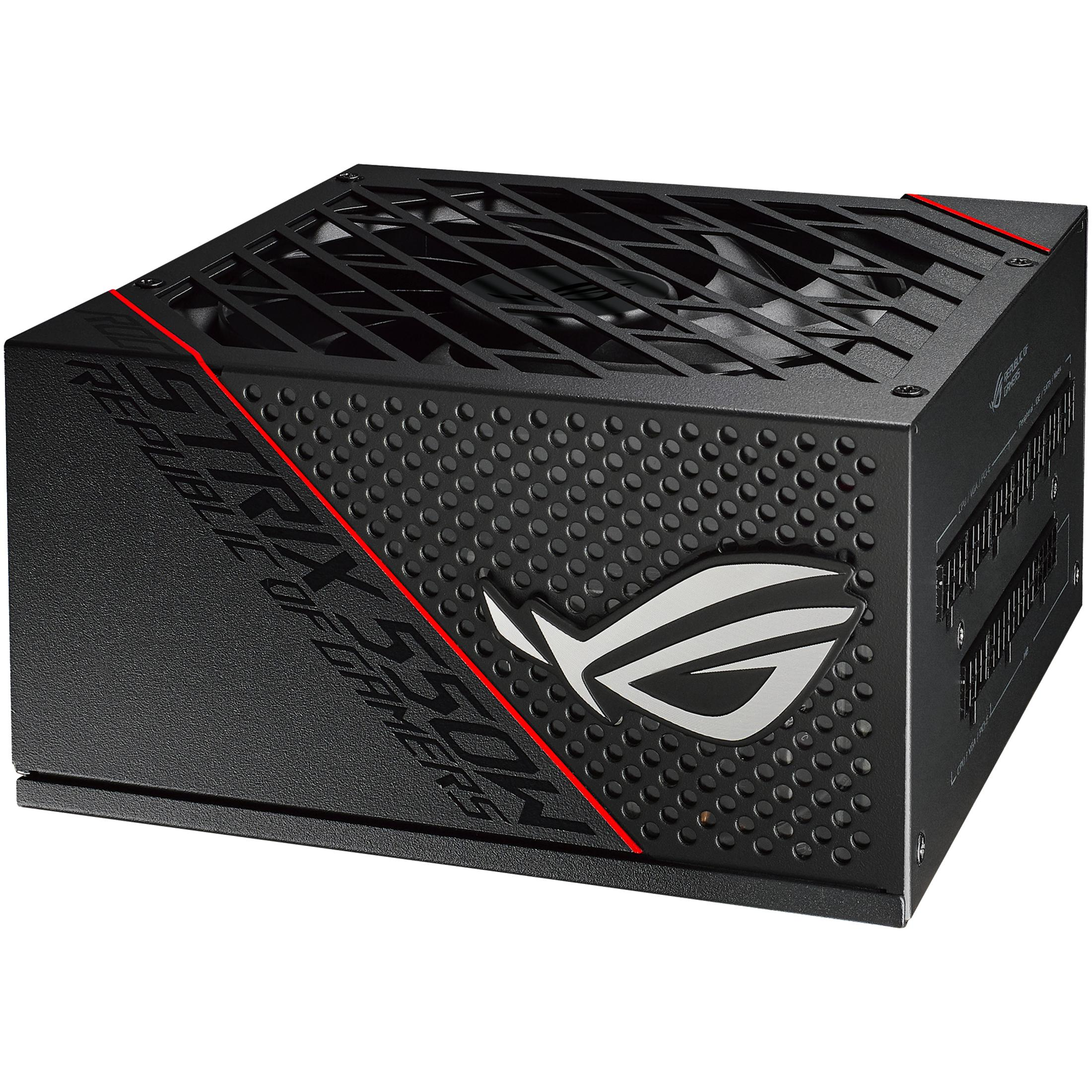 Un alimentatore per computer nero con ventola, logo ROG e accenti rossi.