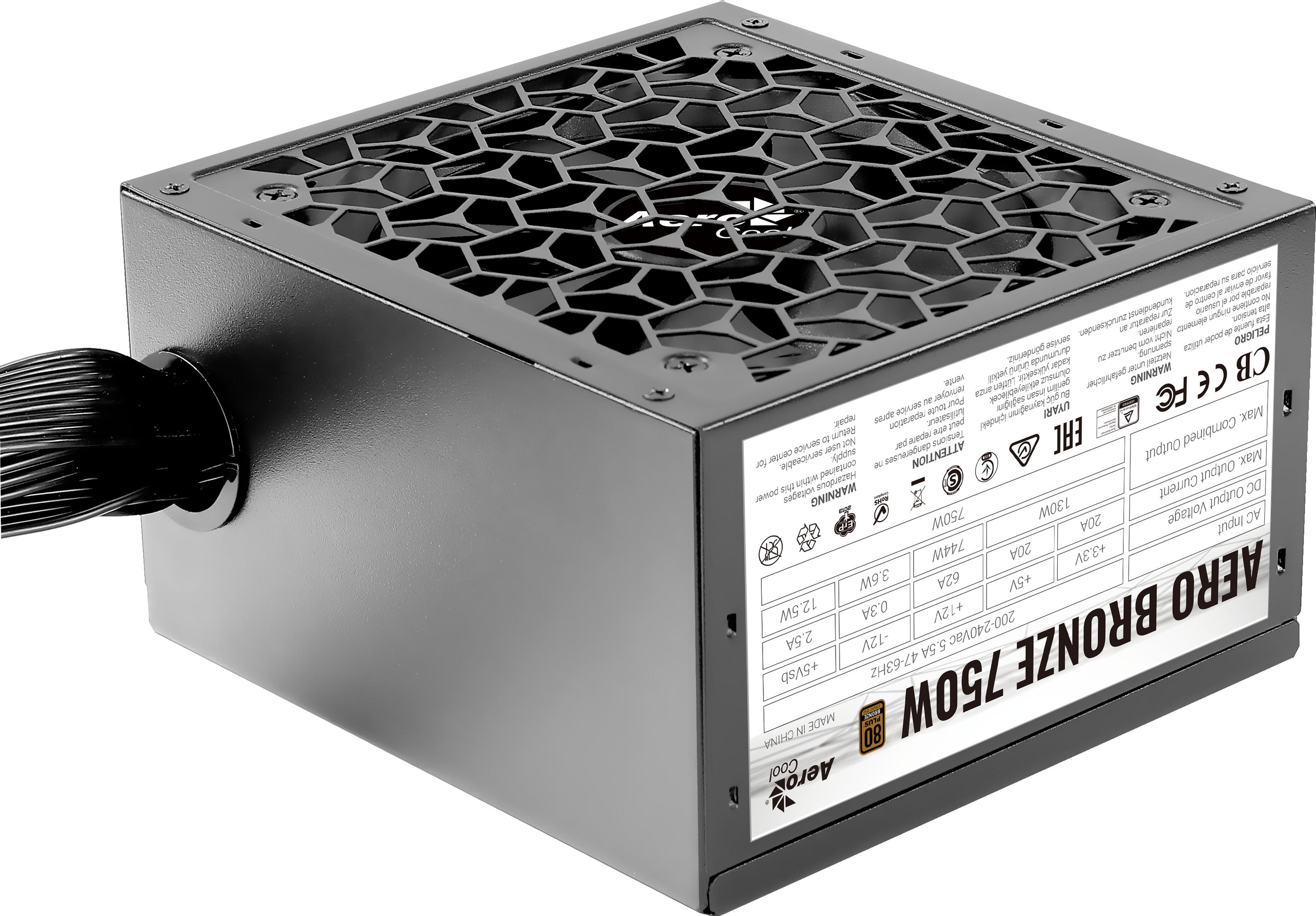Alimentatore Aero Bronze 750W. Case nero, ventola, etichette e cavi di alimentazione.
