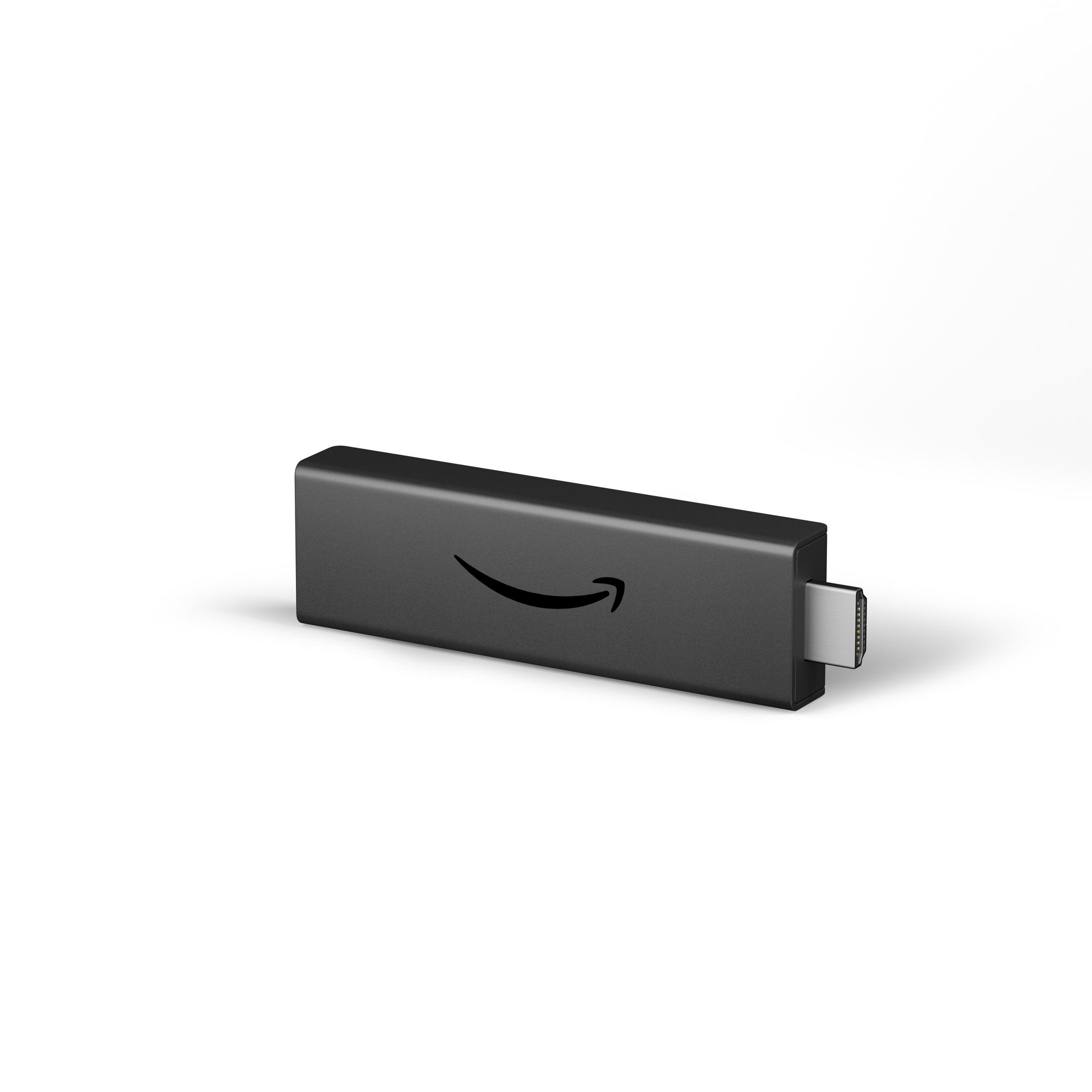 Schwarzer Amazon Fire TV Stick. Der Stick hat das Amazon-Logo. Es befindet sich auf einer weißen Oberfläche.