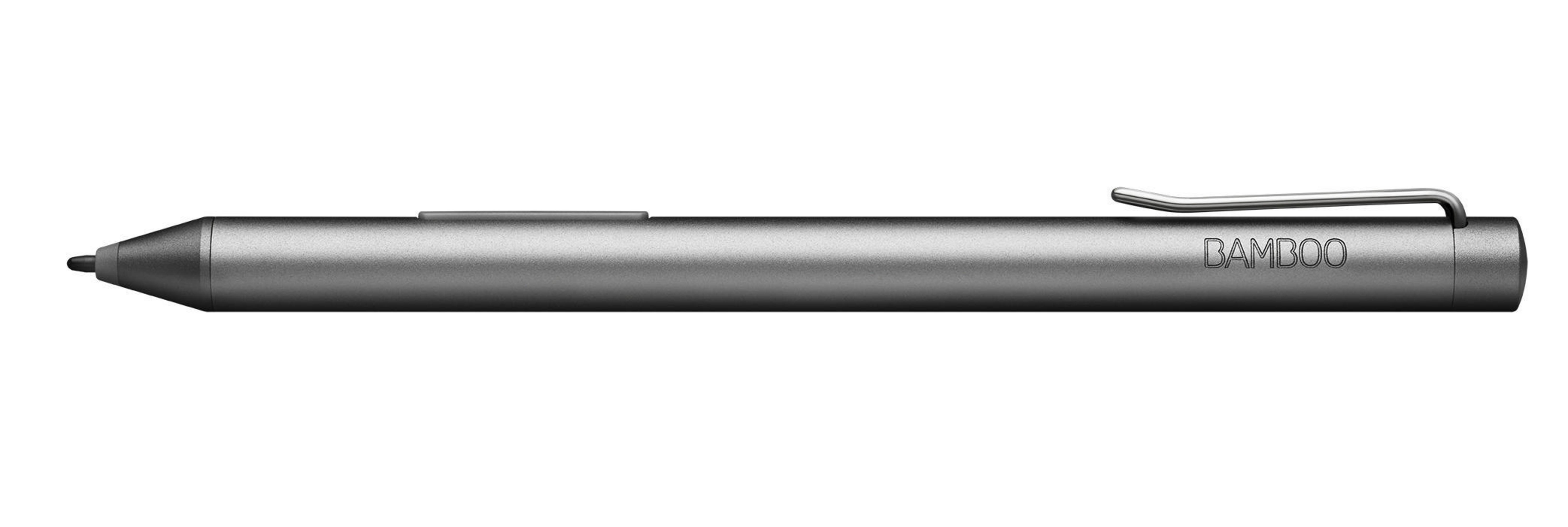 Una penna stilo Bamboo grigia, distesa orizzontalmente. La penna ha una clip e il marchio Bamboo.