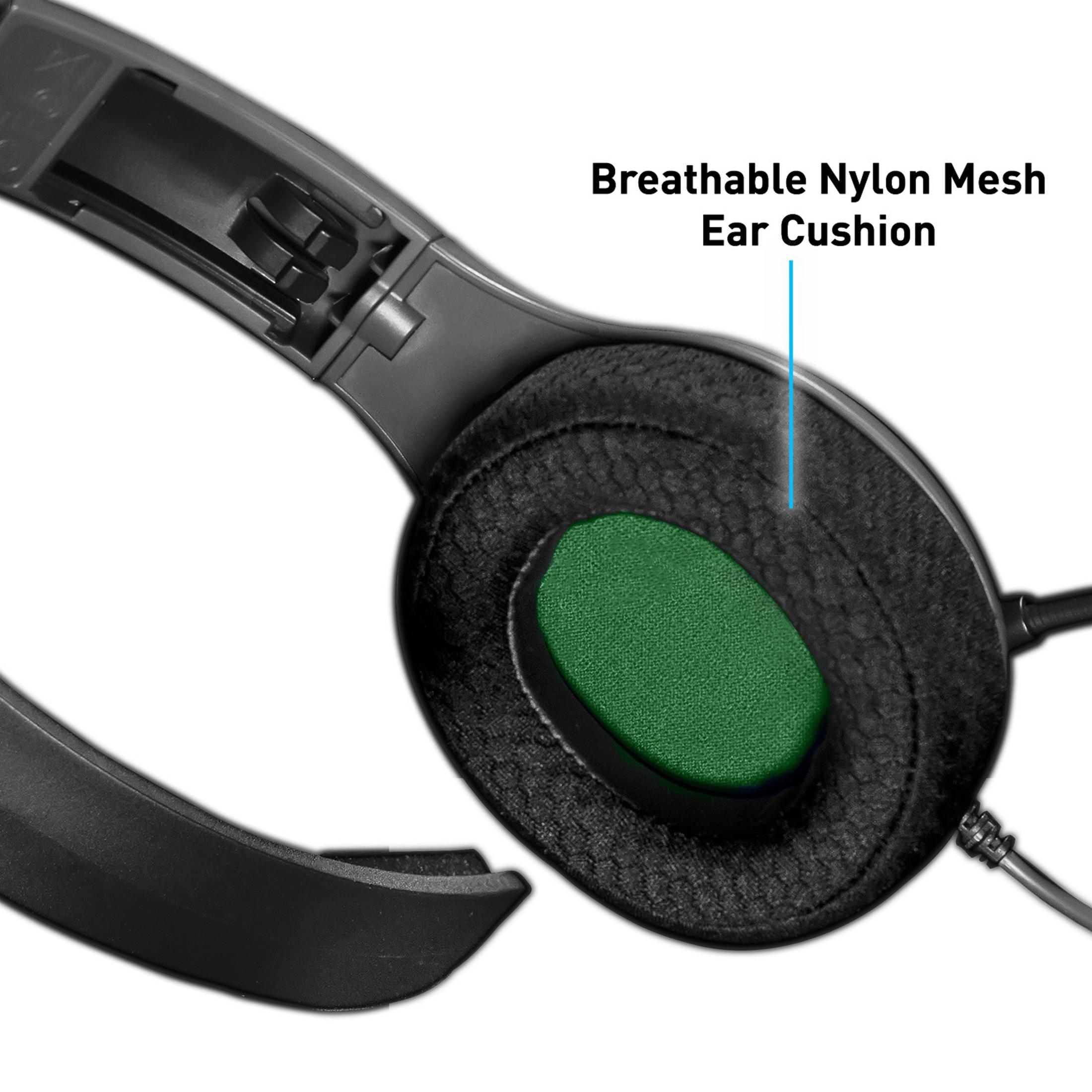 Primo piano di una cuffia nera con cuscinetto auricolare in rete di nylon traspirante e cuscinetto interno verde.