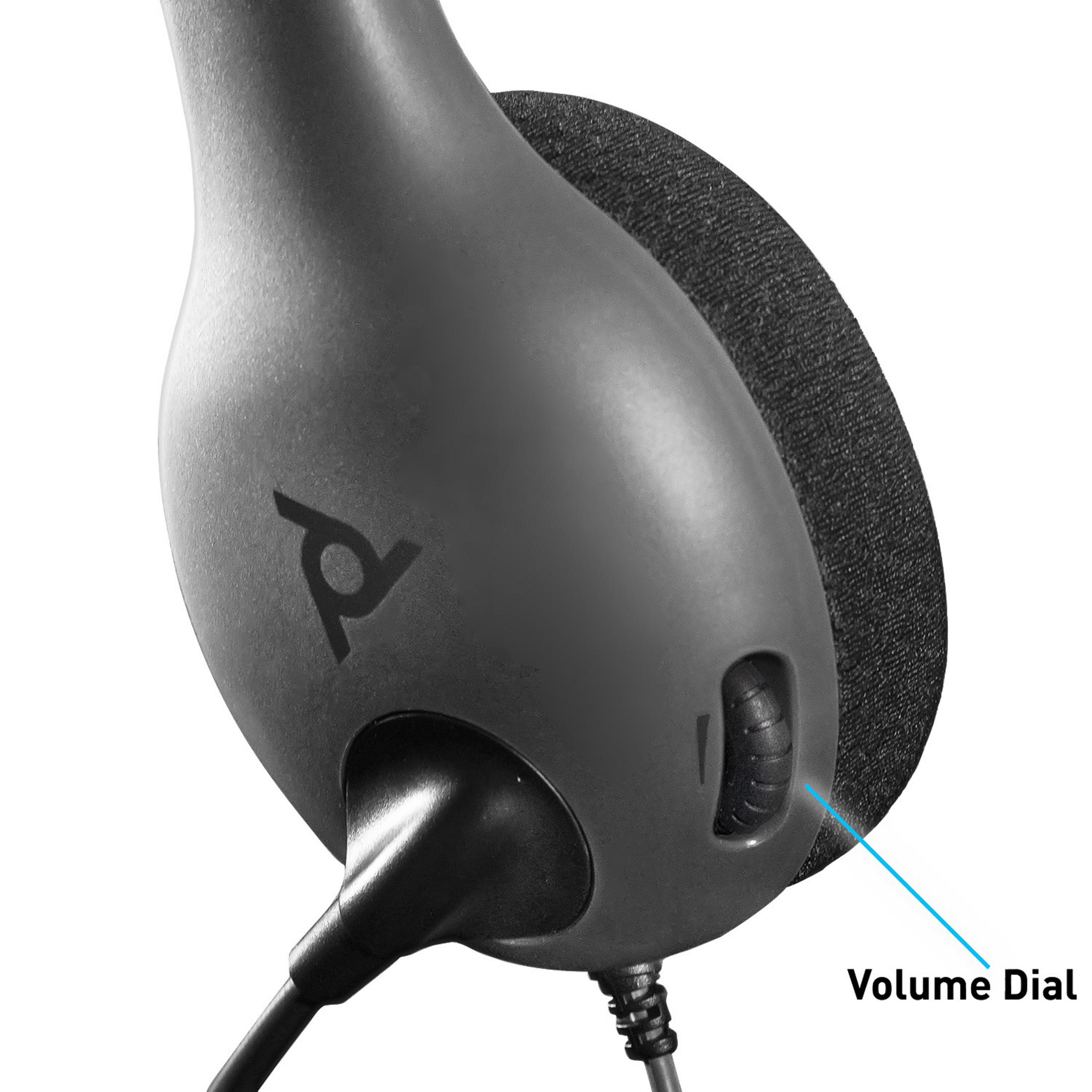 Zbliżenie słuchawki zestawu słuchawkowego z pokrętłem głośności z boku.