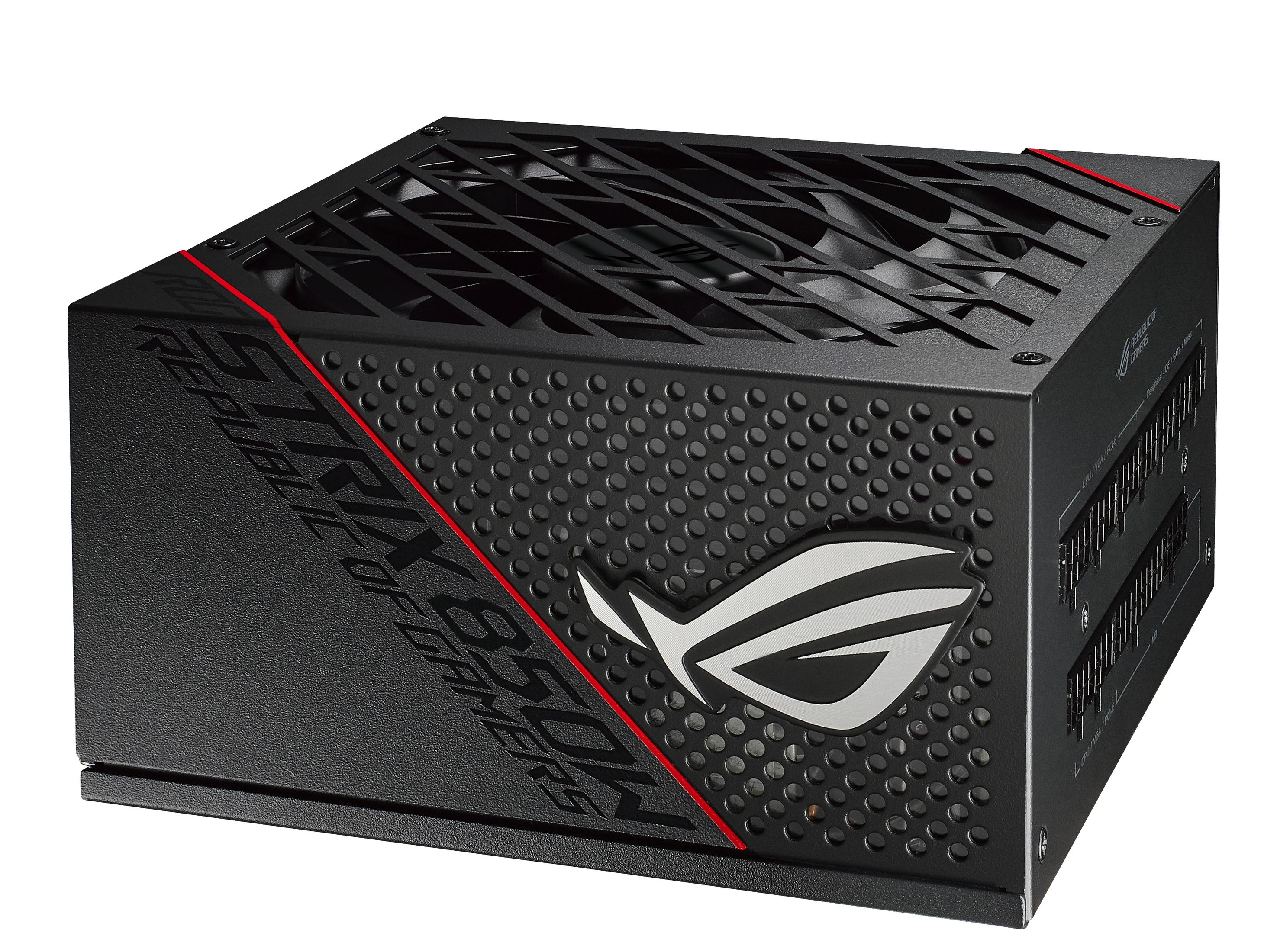 Un alimentatore ROG STRIX 850W nero con dettagli rossi e logo ROG.