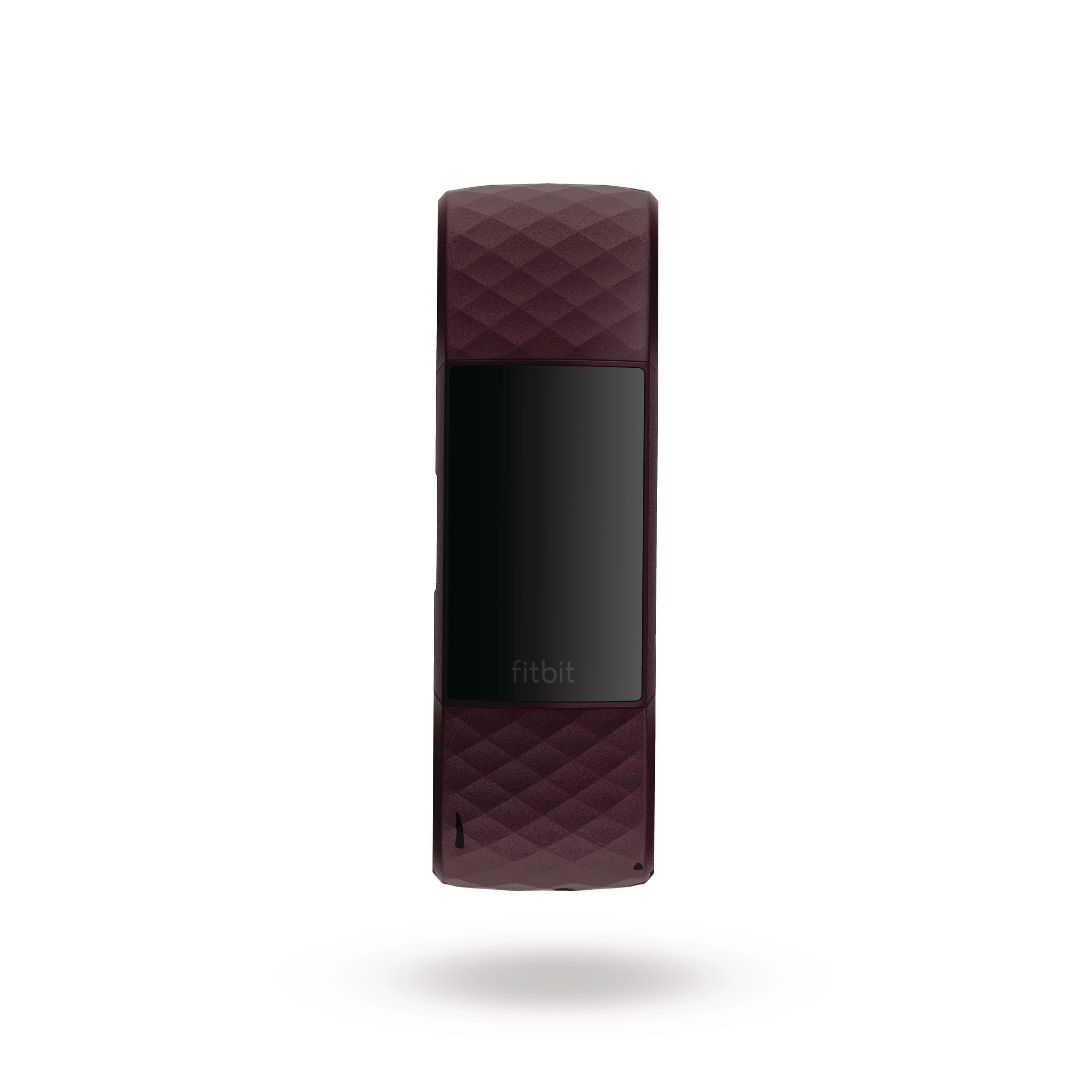 Ein weinroter Fitnesstracker mit schwarzem Bildschirm und dem Markennamen 'Fitbit'.
