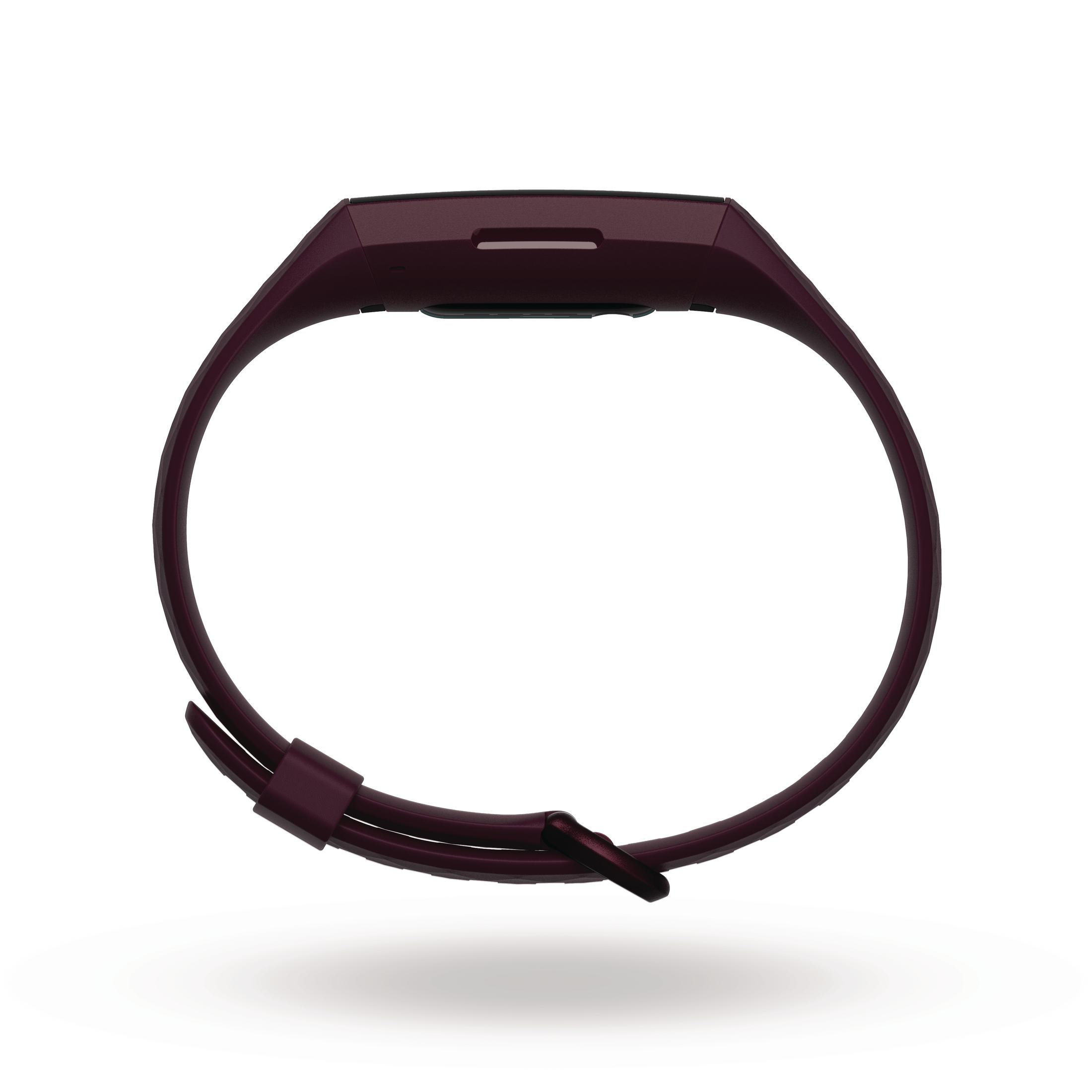 Maroon Fitness-Tracker-Armband, zu einem Kreis geschlungen, mit Schnalle und Bildschirm, isoliert.