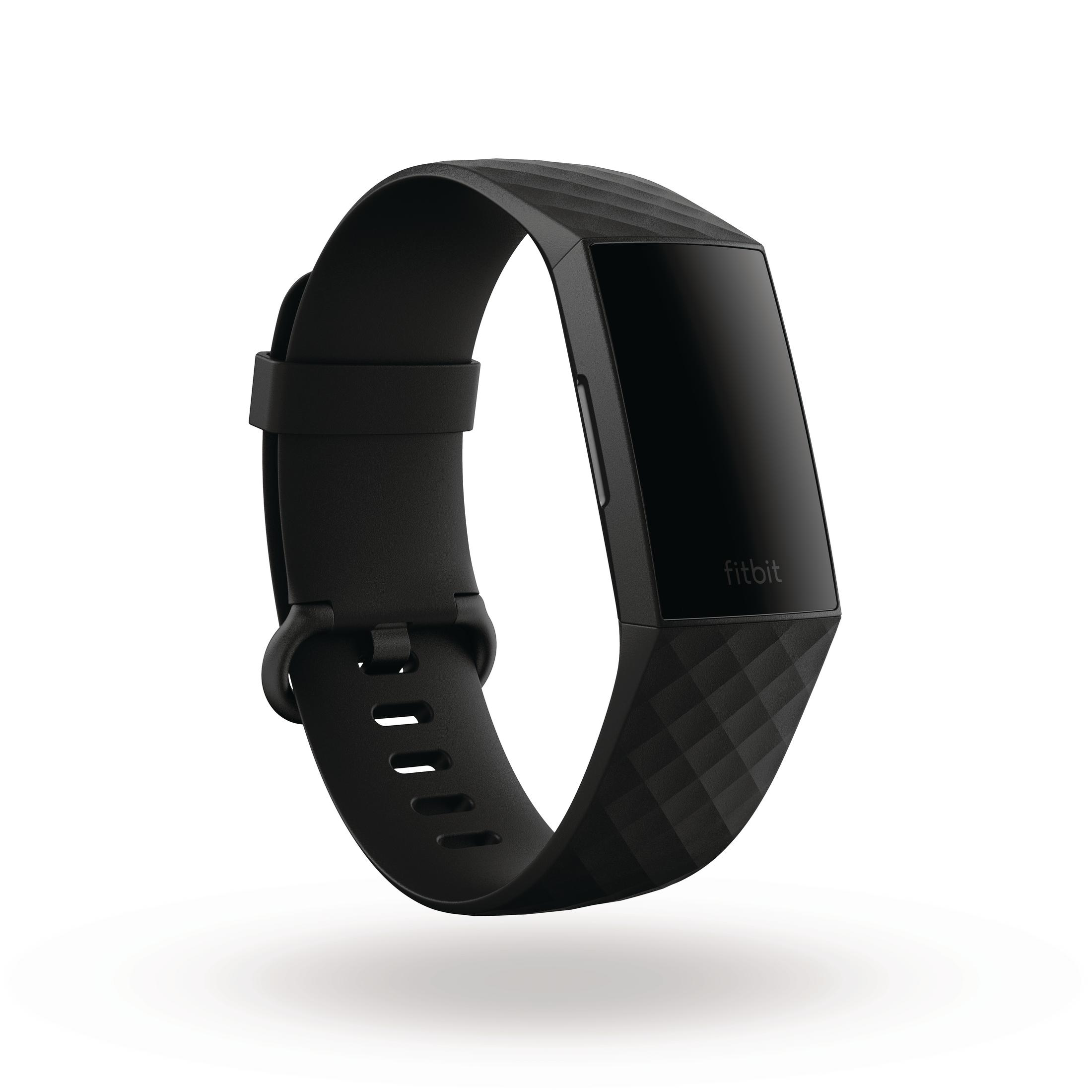 Schwarzes Fitbit Charge 4 Fitness-Tracker-Armband. Mit schwarzem Display und strukturierter Armband.