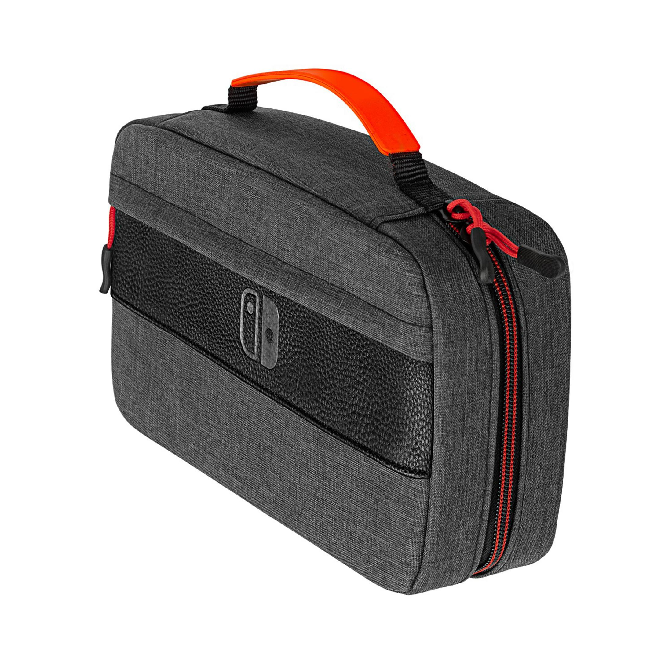 Funda de transporte gris para Switch con asa, detalles negros y naranja.
