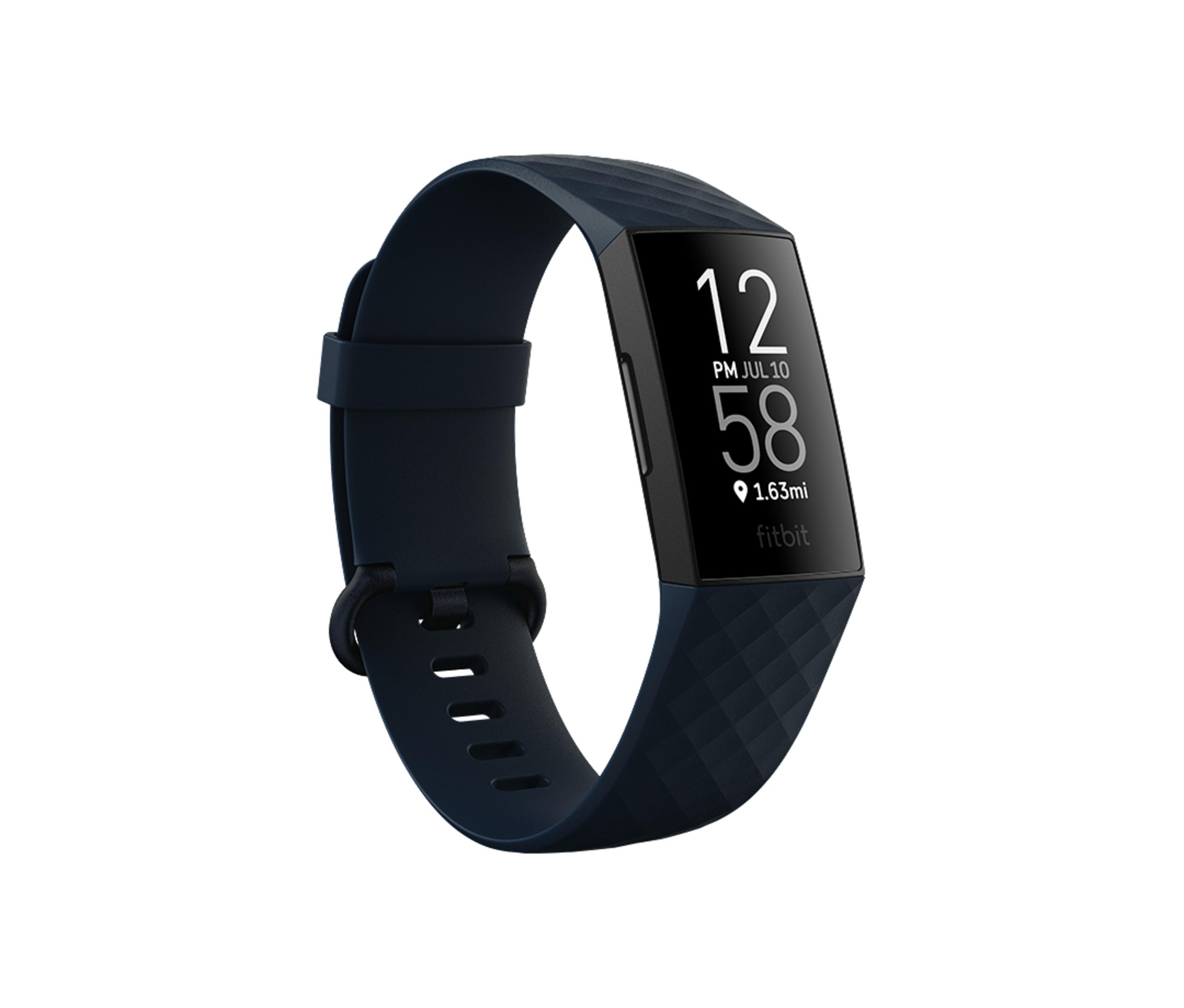 Marineblauer Fitnesstracker mit schwarzem Bildschirm, der Zeit und Datum anzeigt.