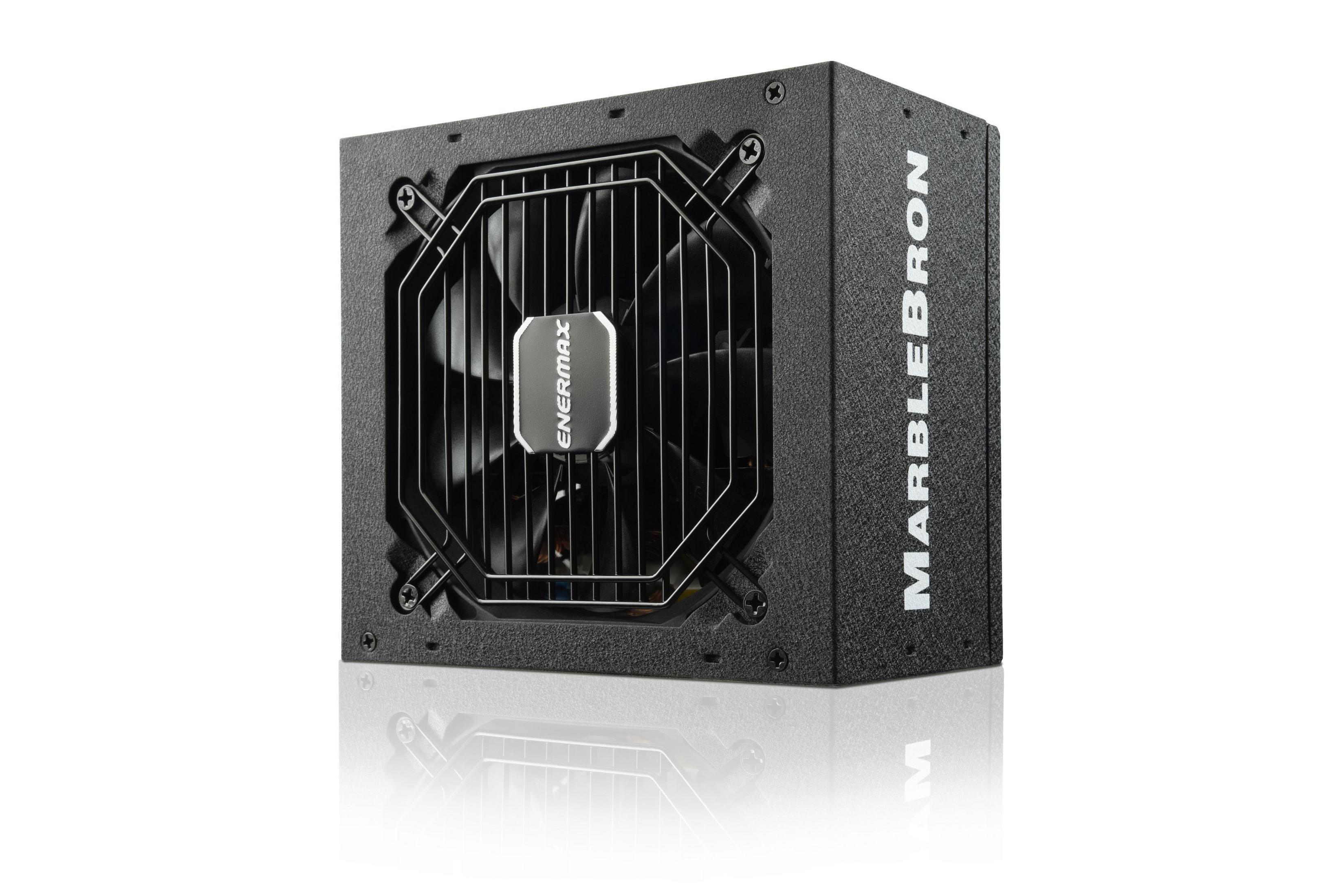Alimentatore per computer nero con ventola e nome 'MARBLEBRON'.
