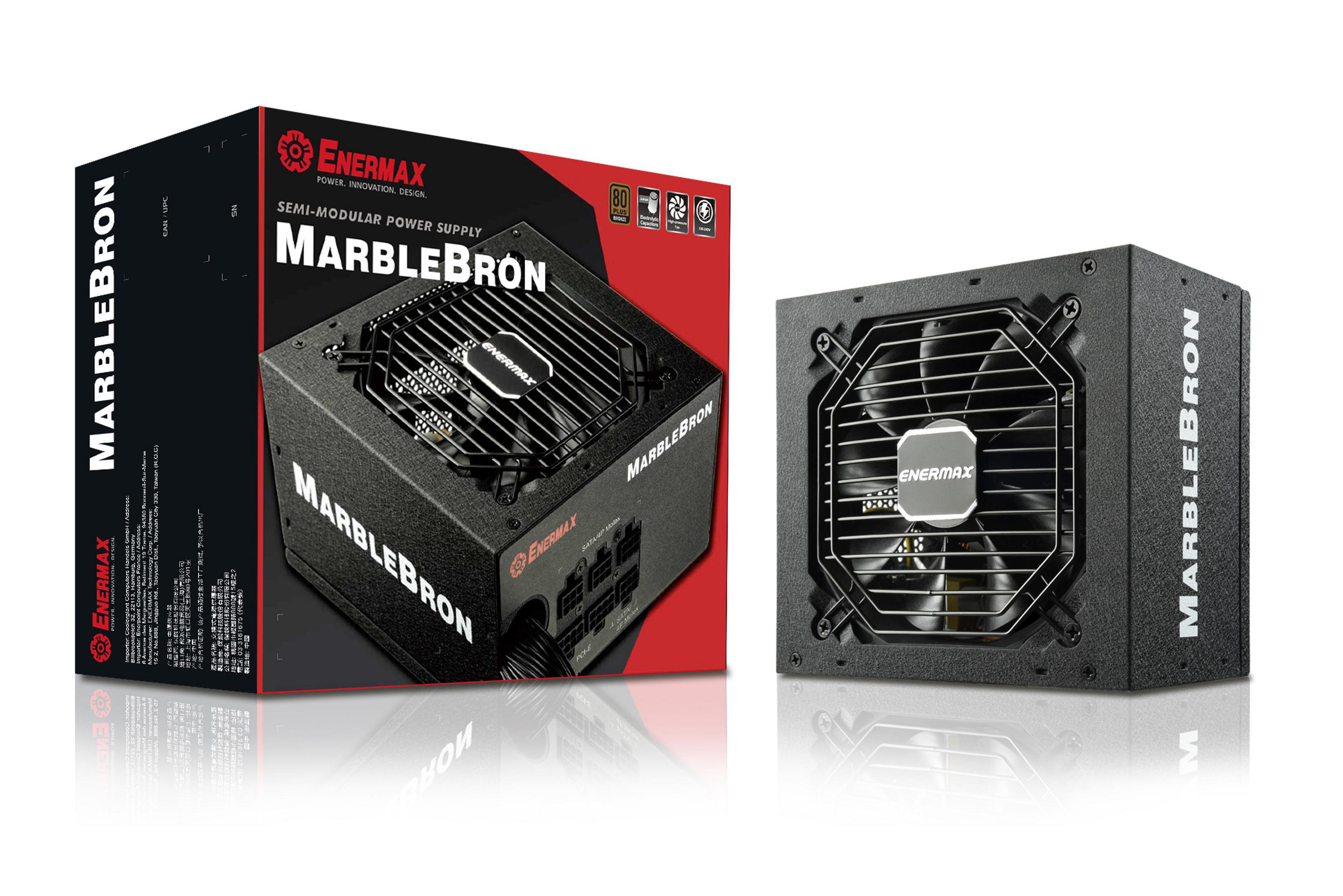 Alimentatore Enermax MarbleBron e la sua scatola, entrambi su sfondo bianco.