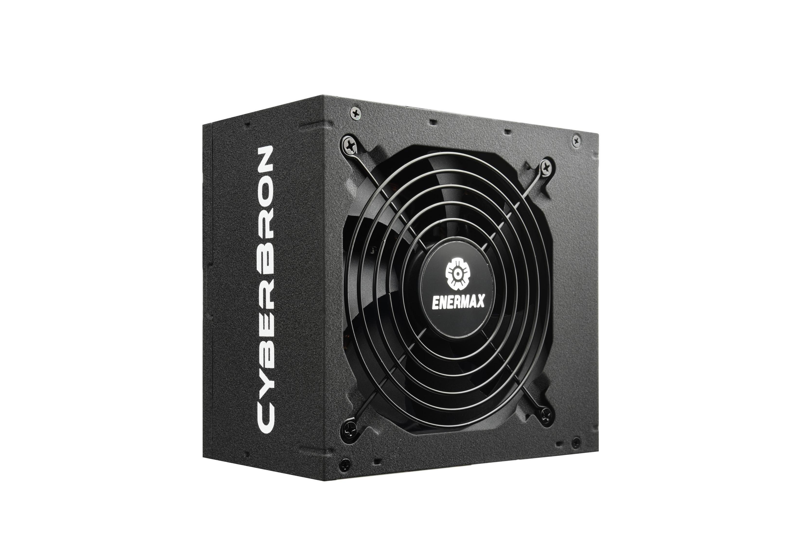 Alimentatore nero con una ventola visibile all'interno. Ha le etichette Cyberbron ed Enermax.