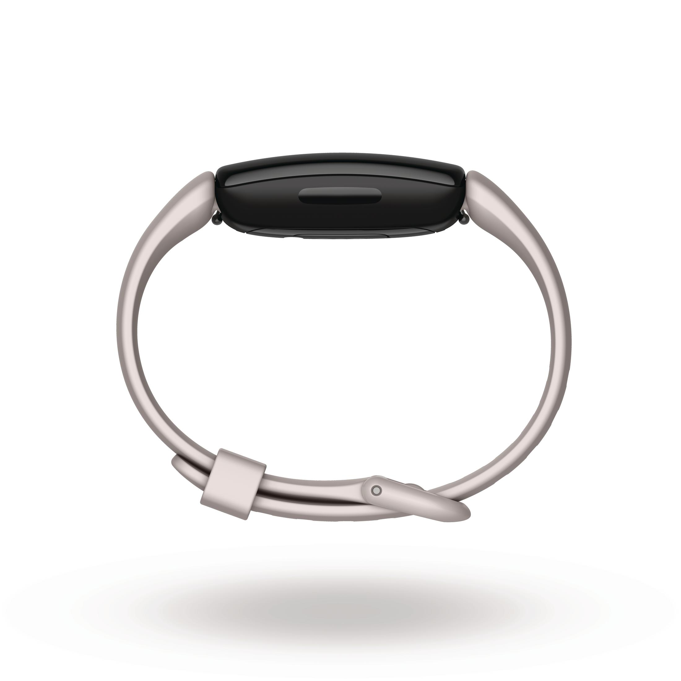 Ein silberfarbener Fitnesstracker mit schwarzem Bildschirm und hellgrauem Armband.