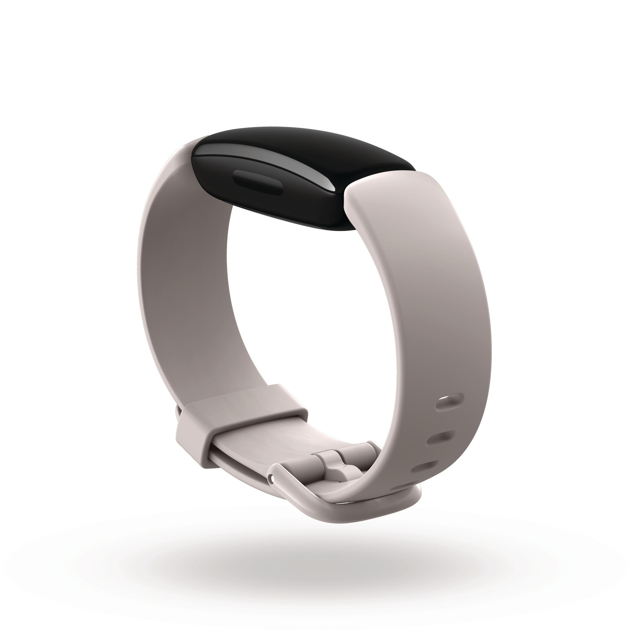 Grauer Fitnesstracker mit schwarzem Bildschirm auf weißem Hintergrund.