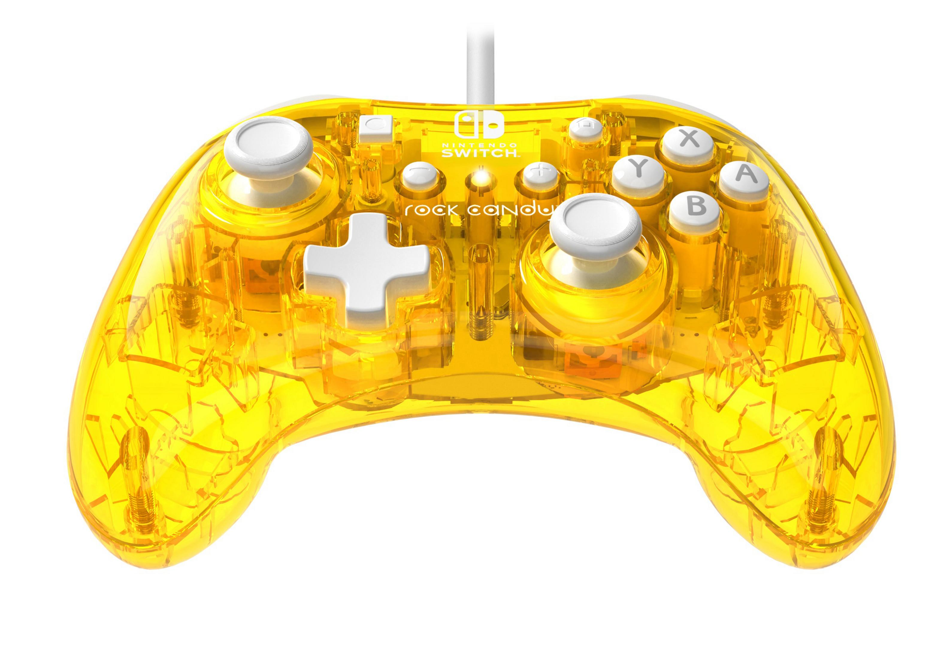Żółty, przezroczysty kontroler Nintendo Switch, białe przyciski i krzyżak.