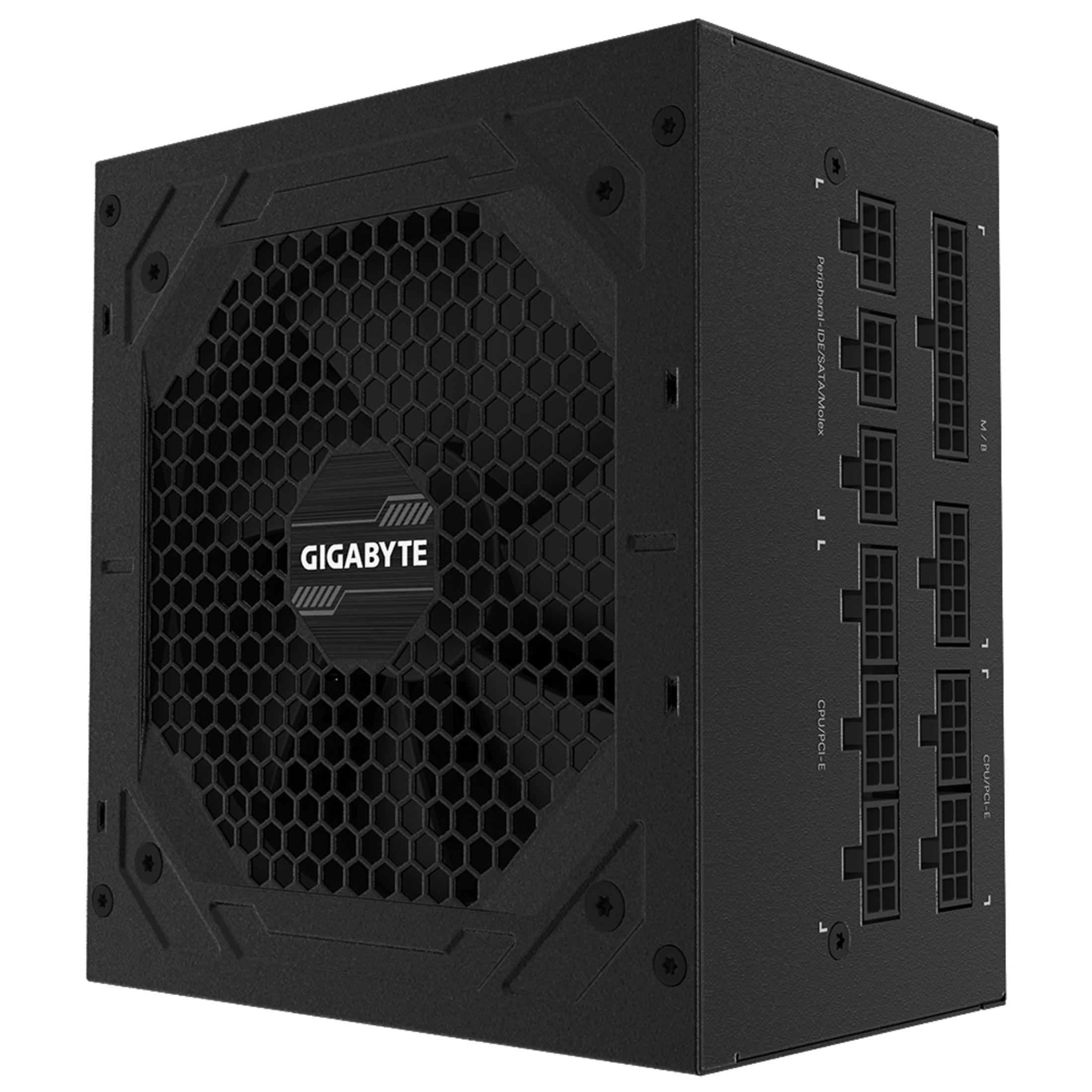 Ein schwarzes Computer-Netzteil mit Gitterlüfter und mehreren Anschlüssen.