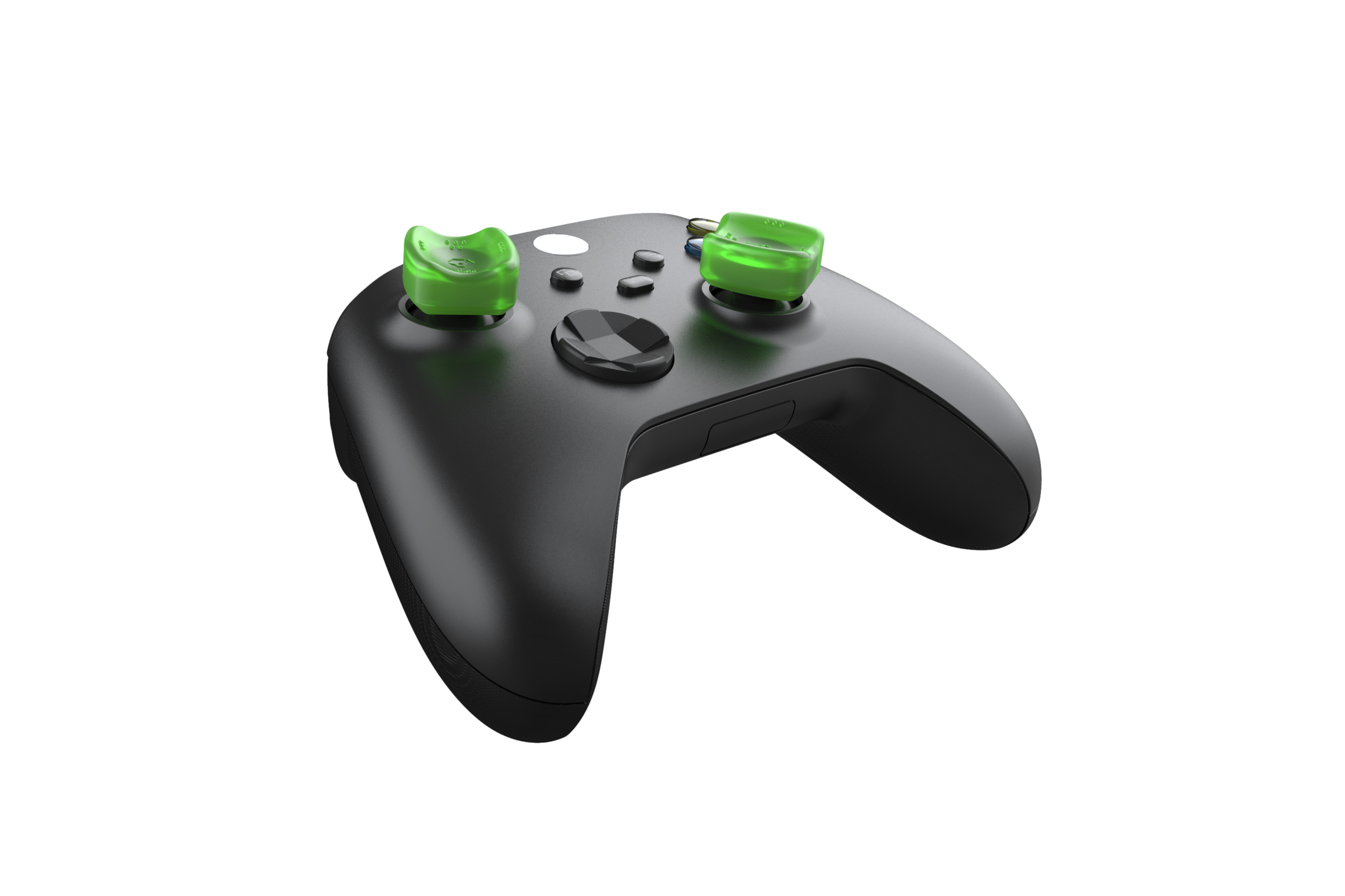 Mando de videojuegos negro. Cubiertas verdes para joystick. Fondo blanco.