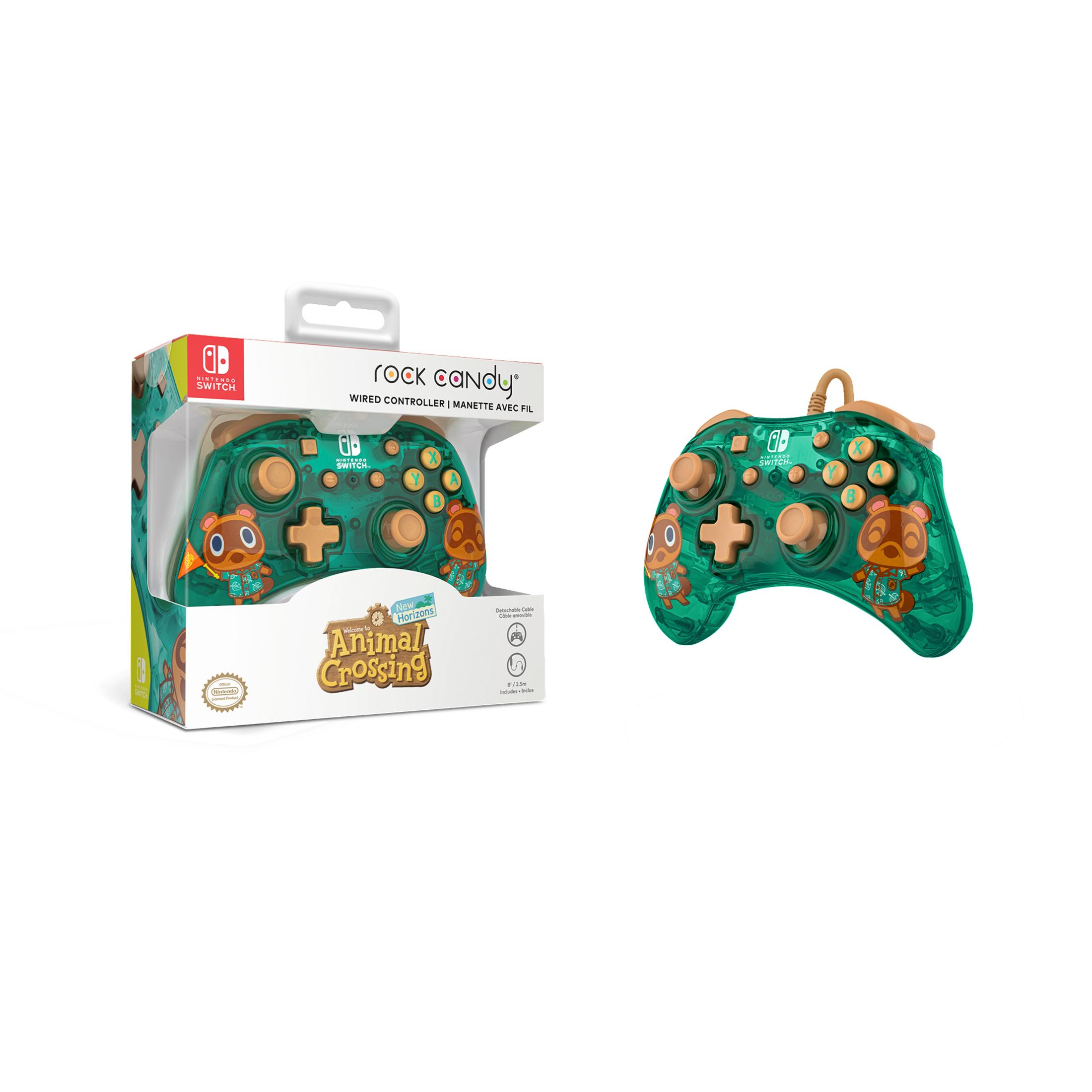 Zielony kontroler przewodowy Rock Candy w stylu Animal Crossing w pudełku i poza nim, z logo Nintendo Switch.