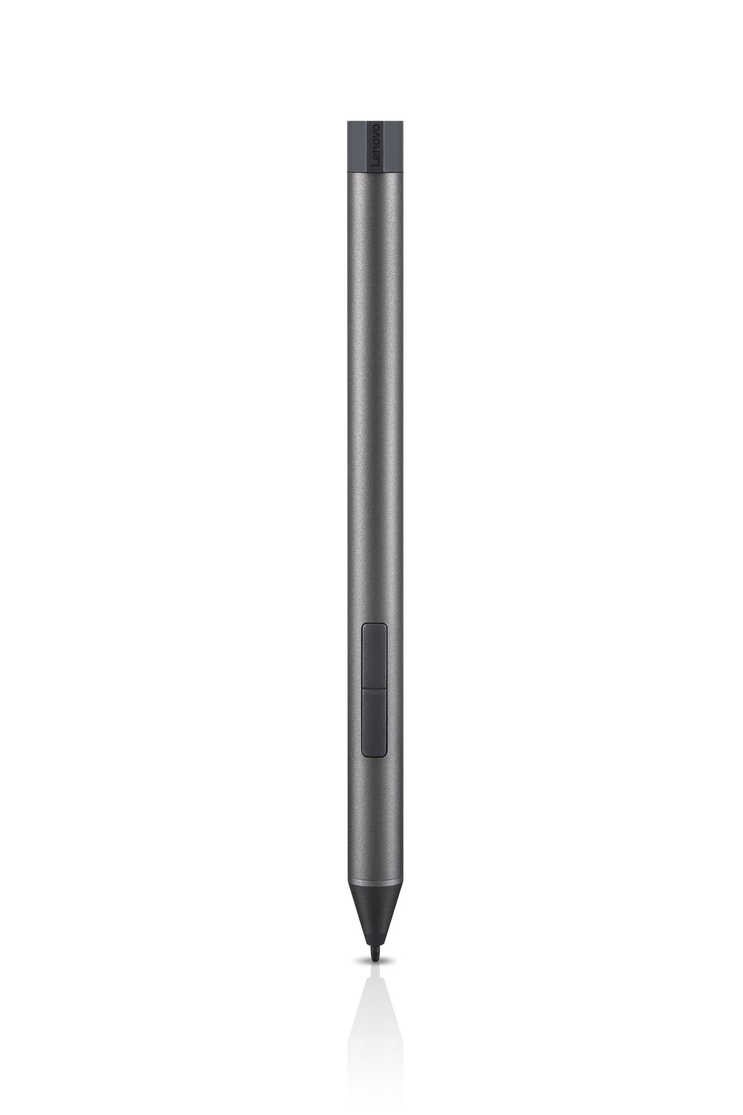 Grauer Lenovo-Stift mit Knopf und schwarzer Spitze, isoliert auf weißem Hintergrund.