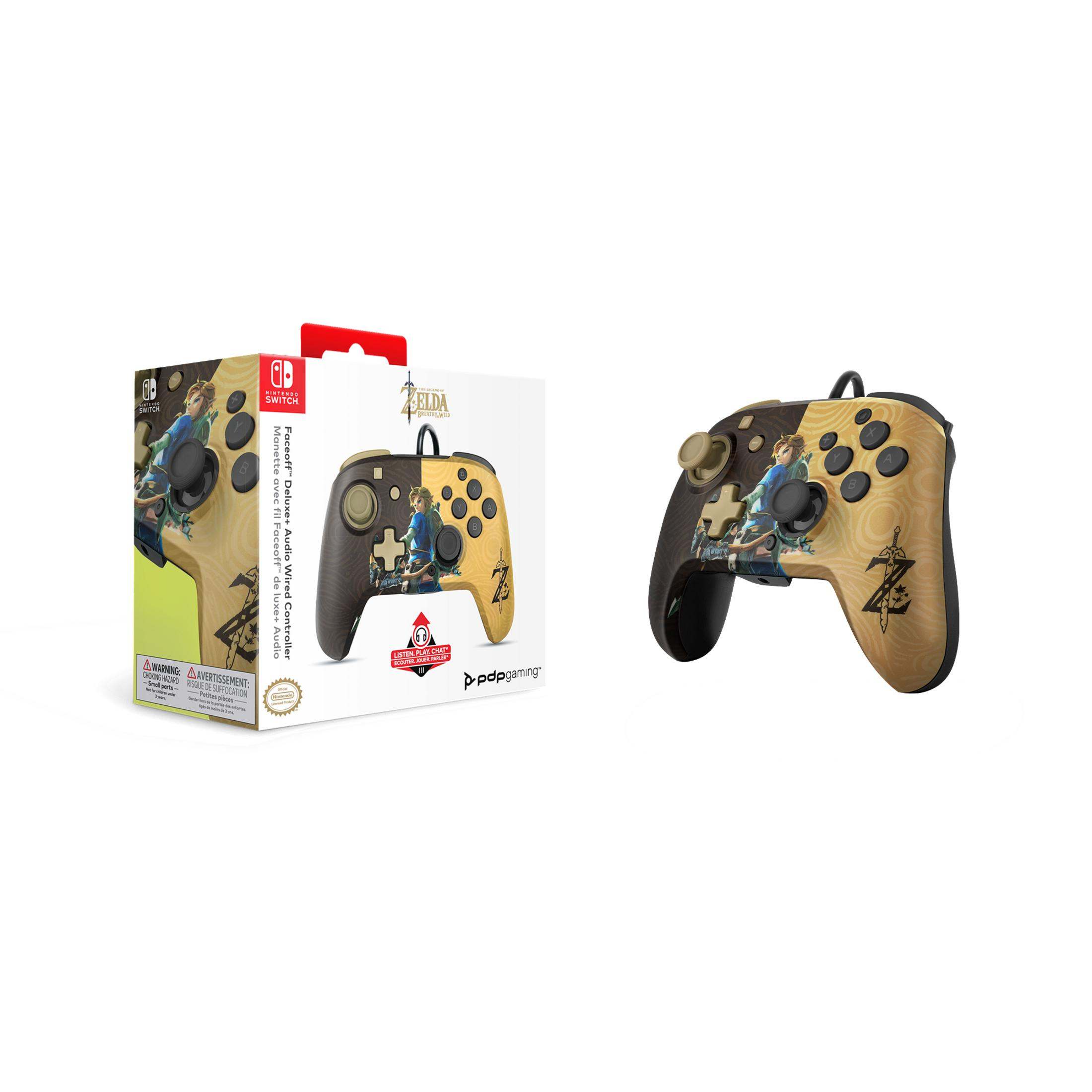 Kontroler do gier w stylu Zelda i pudełko. Kontroler jest brązowy i złoty z motywem Zelda.