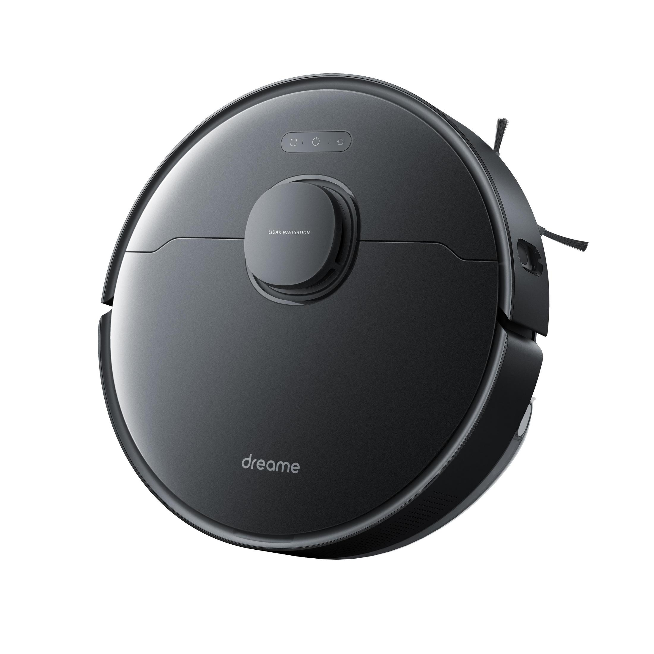 Ein schwarzer Dreame Roboter-Staubsauger auf weißem Hintergrund.