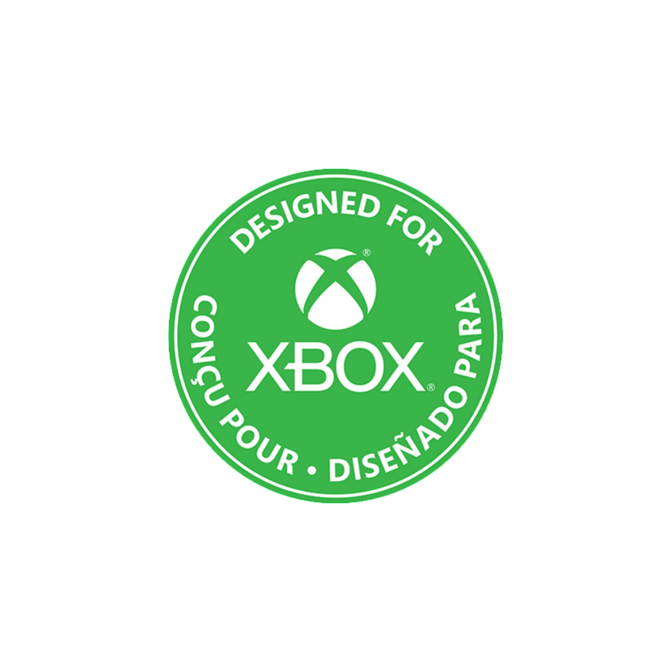 Logotipo verde de Xbox en círculo verde con texto 'Designed for Xbox'.