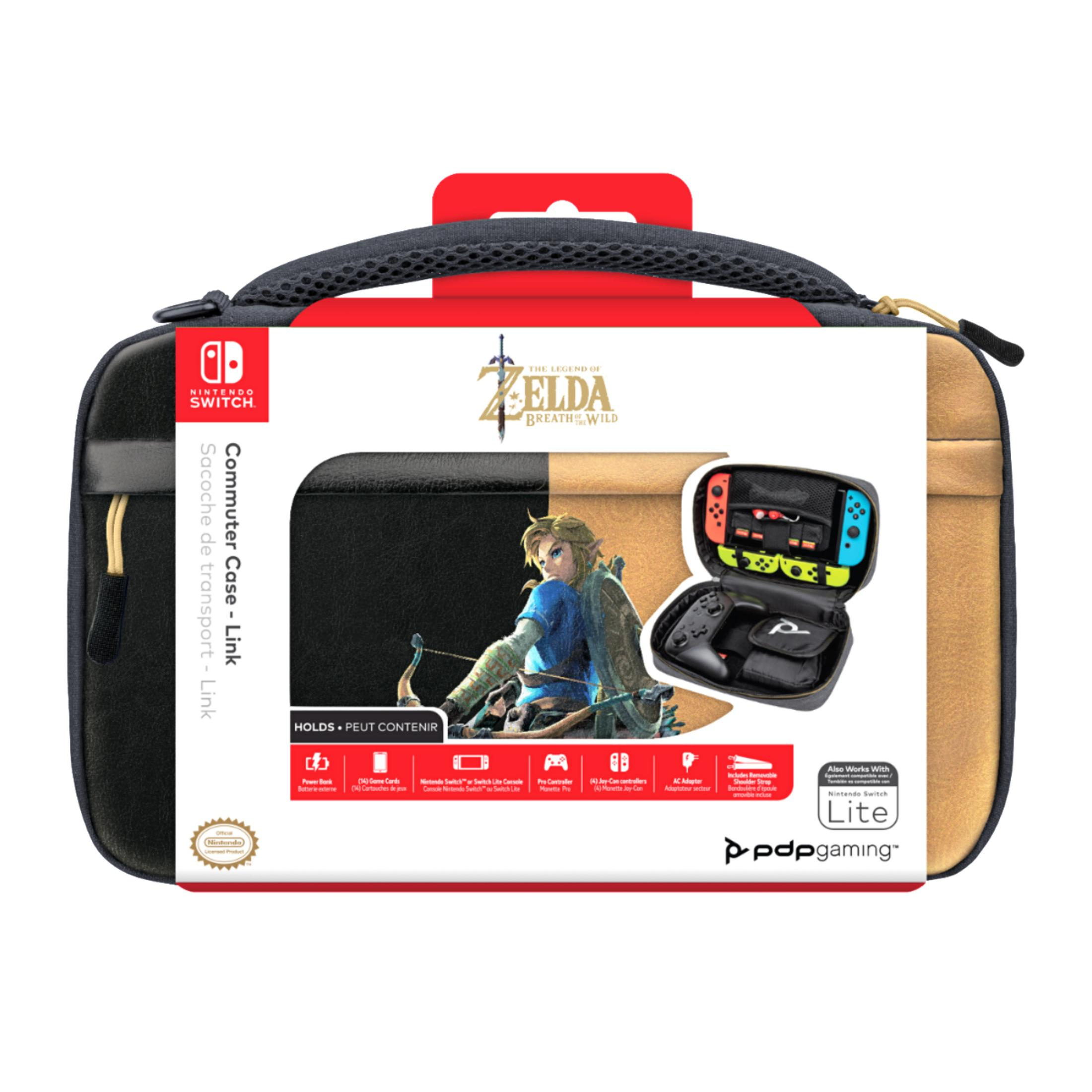Etui transportowe Nintendo Switch z grafiką The Legend of Zelda, pokazujące wnętrze z akcesoriami.