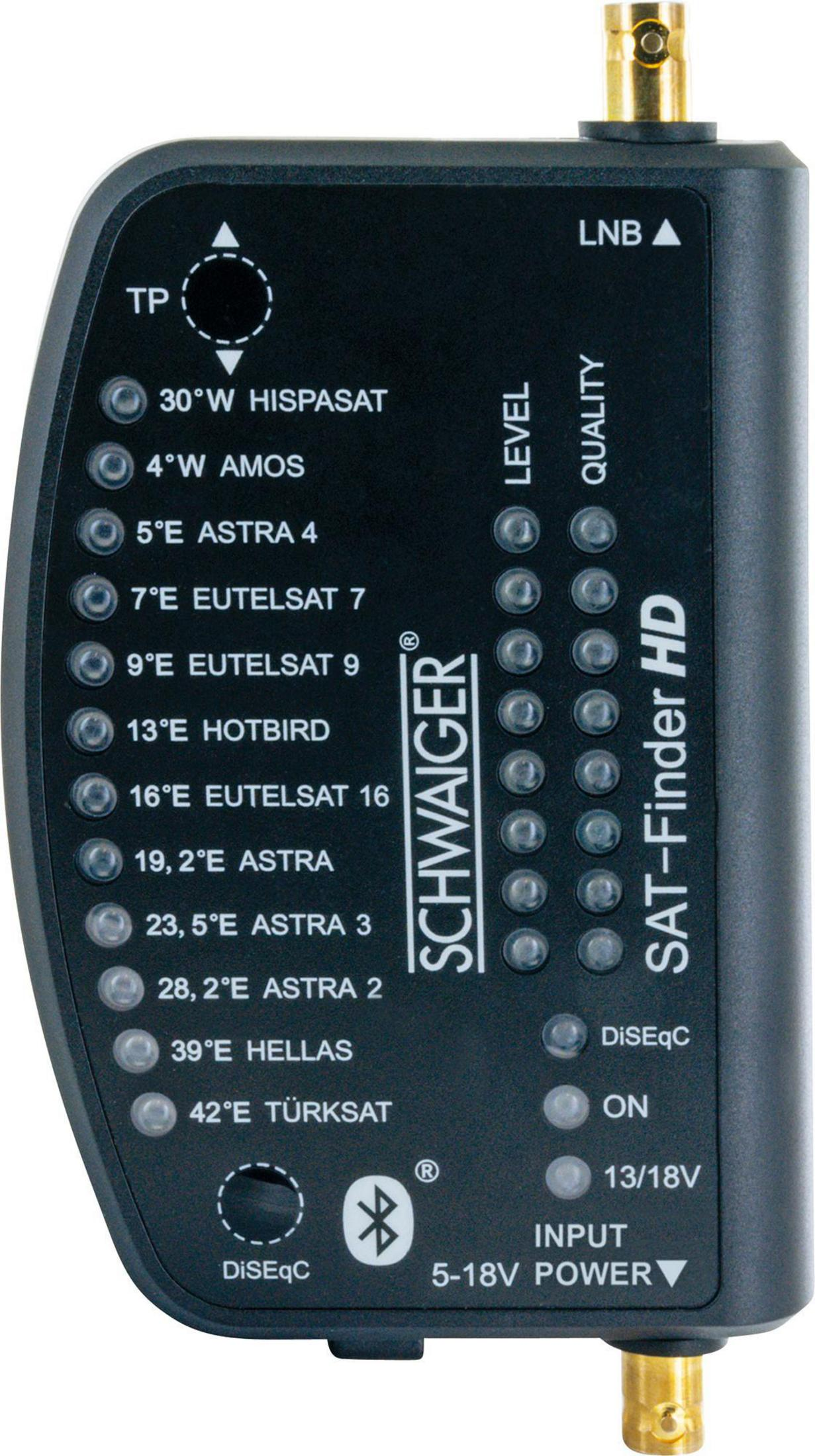 Schwarzes Sat-Finder HD Gerät mit mehreren Lichtern und Knöpfen.