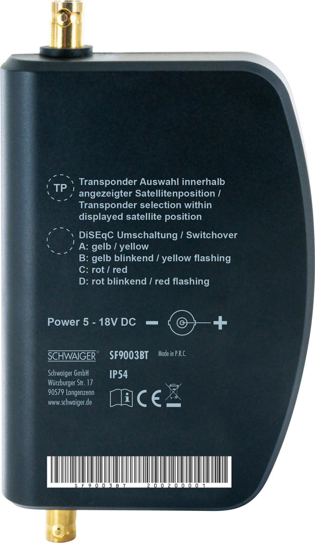 Schwarzer Satellitenempfänger mit Etiketten und Anschlüssen, auf weißem Hintergrund.