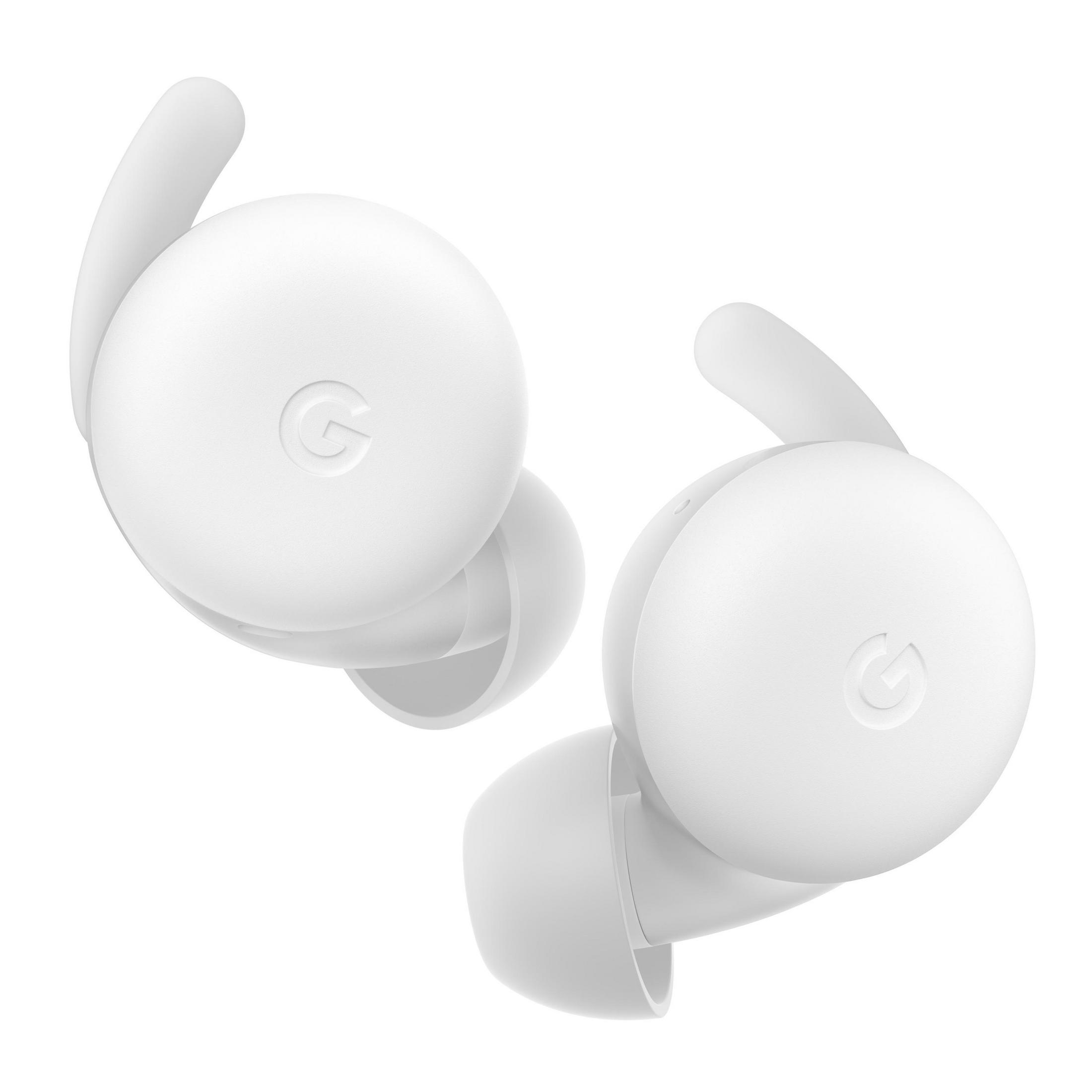 Dwa białe słuchawki Google Pixel Buds, zbliżenie.