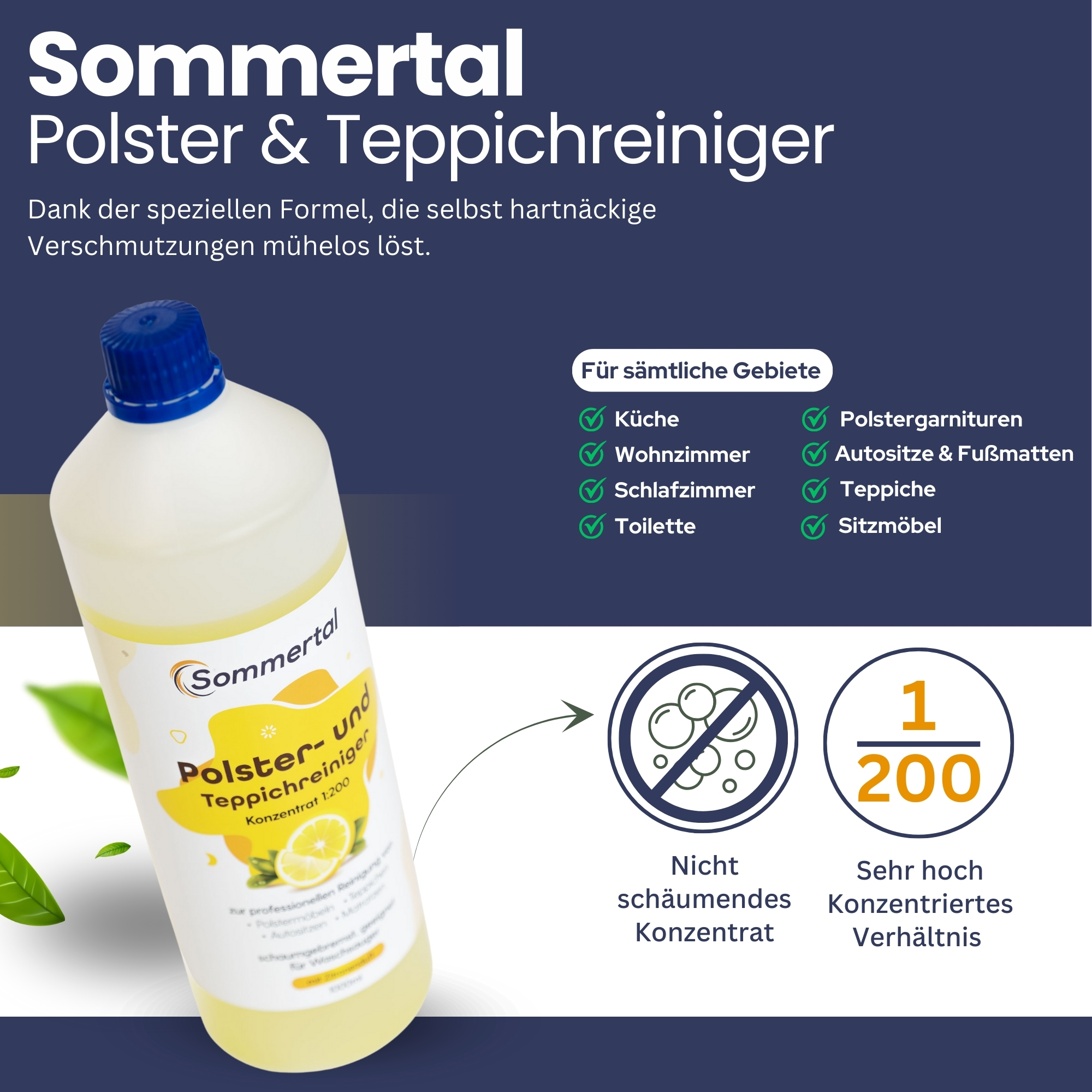 Eine Flasche Sommertal Polster- und Teppichreiniger mit informativen Texten.