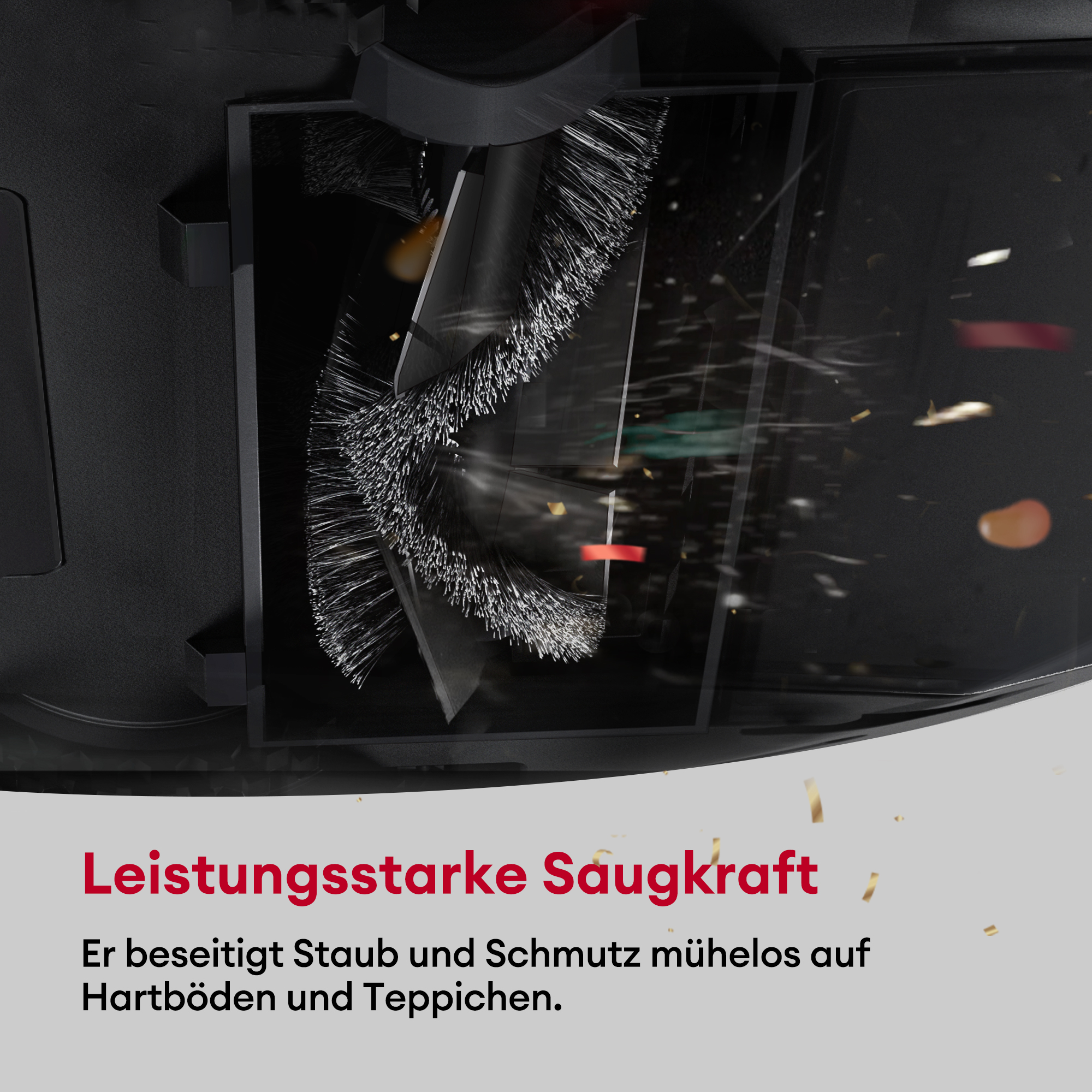Nahaufnahme einer Staubsaugerbürste und Schmutz. Text-Overlay.