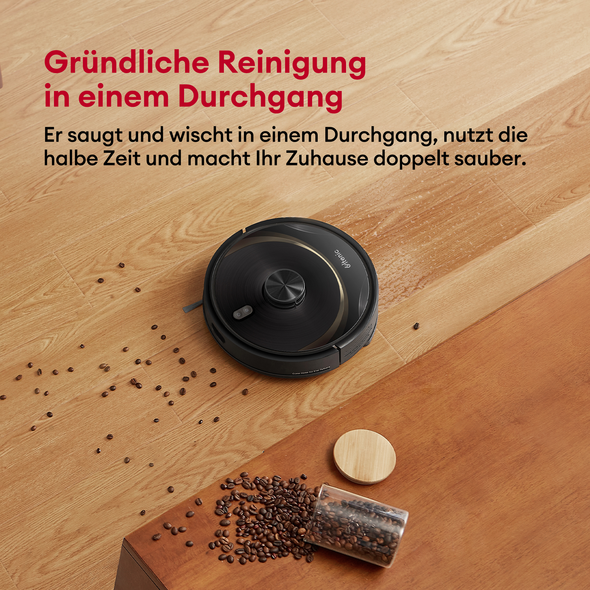 Ein schwarzer Roboter-Staubsauger auf Holzboden, mit verschütteten Kaffeebohnen und Behälter.