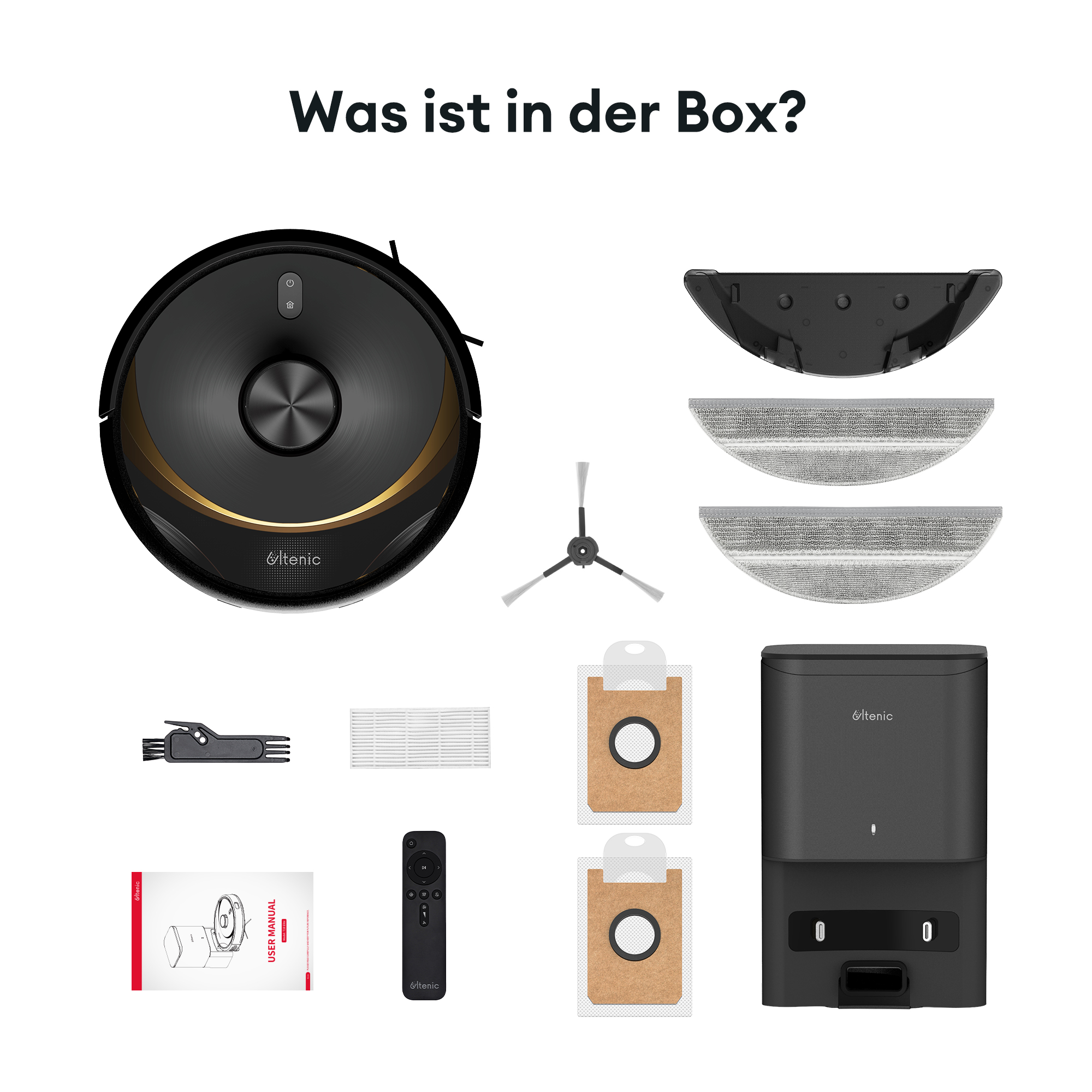 Roboterstaubsauger und Zubehör in einer Box, einschließlich Fernbedienung, Bürsten und Handbuch.