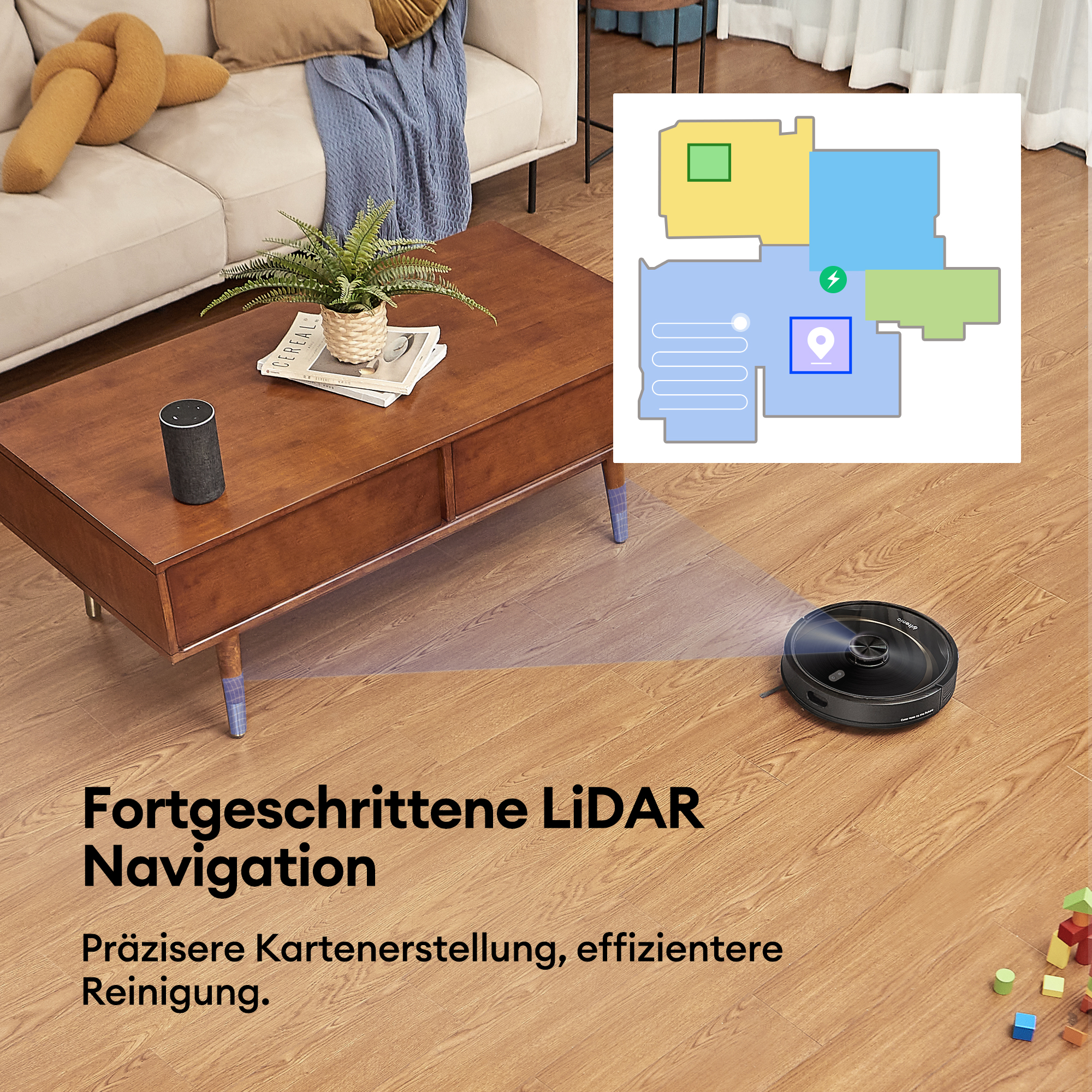 Ein Roboter-Staubsauger reinigt einen Holzboden. Ein Grundriss wird gezeigt, und der Text lautet 'Fortgeschrittene LiDAR-Navigation'.