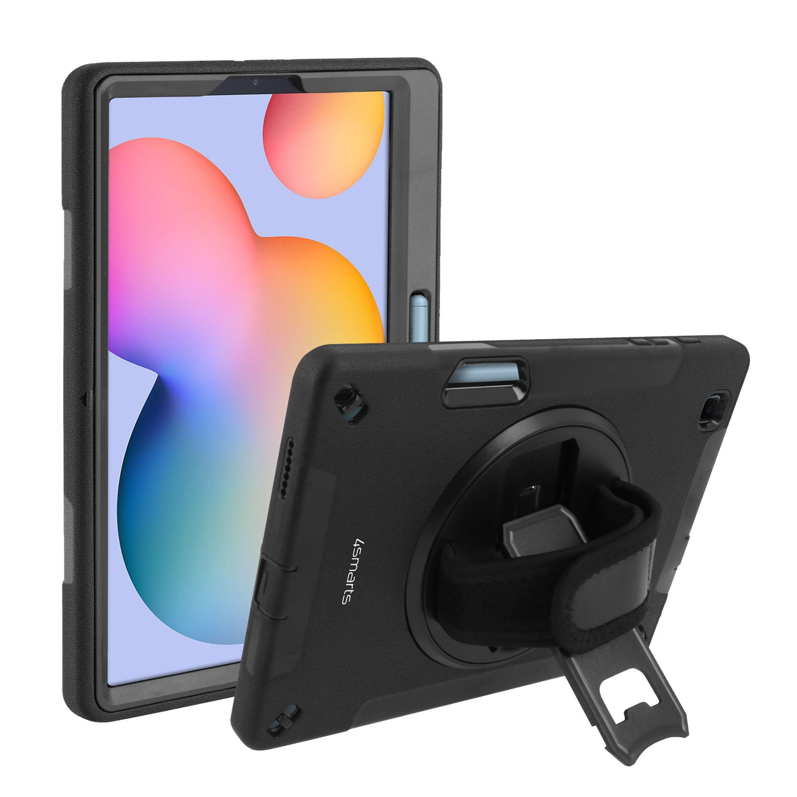 Schwarze Tablethülle mit Tablet darin. Die Hülle hat eine Handschlaufe und einen Ständer, vor weißem Hintergrund.