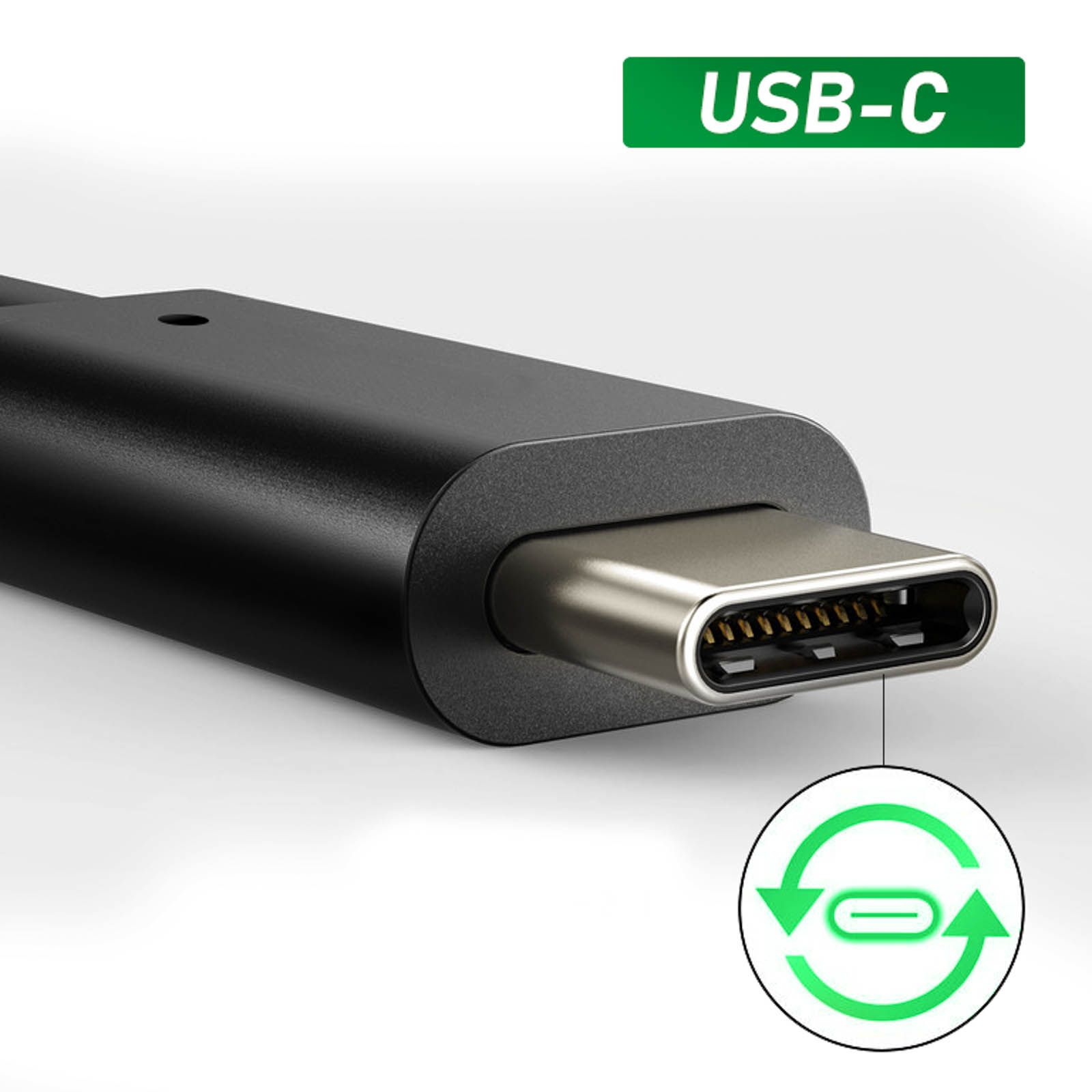 Schwarzer USB-C-Anschluss mit grünem Logo, zeigt Einführungsrichtung und Text.