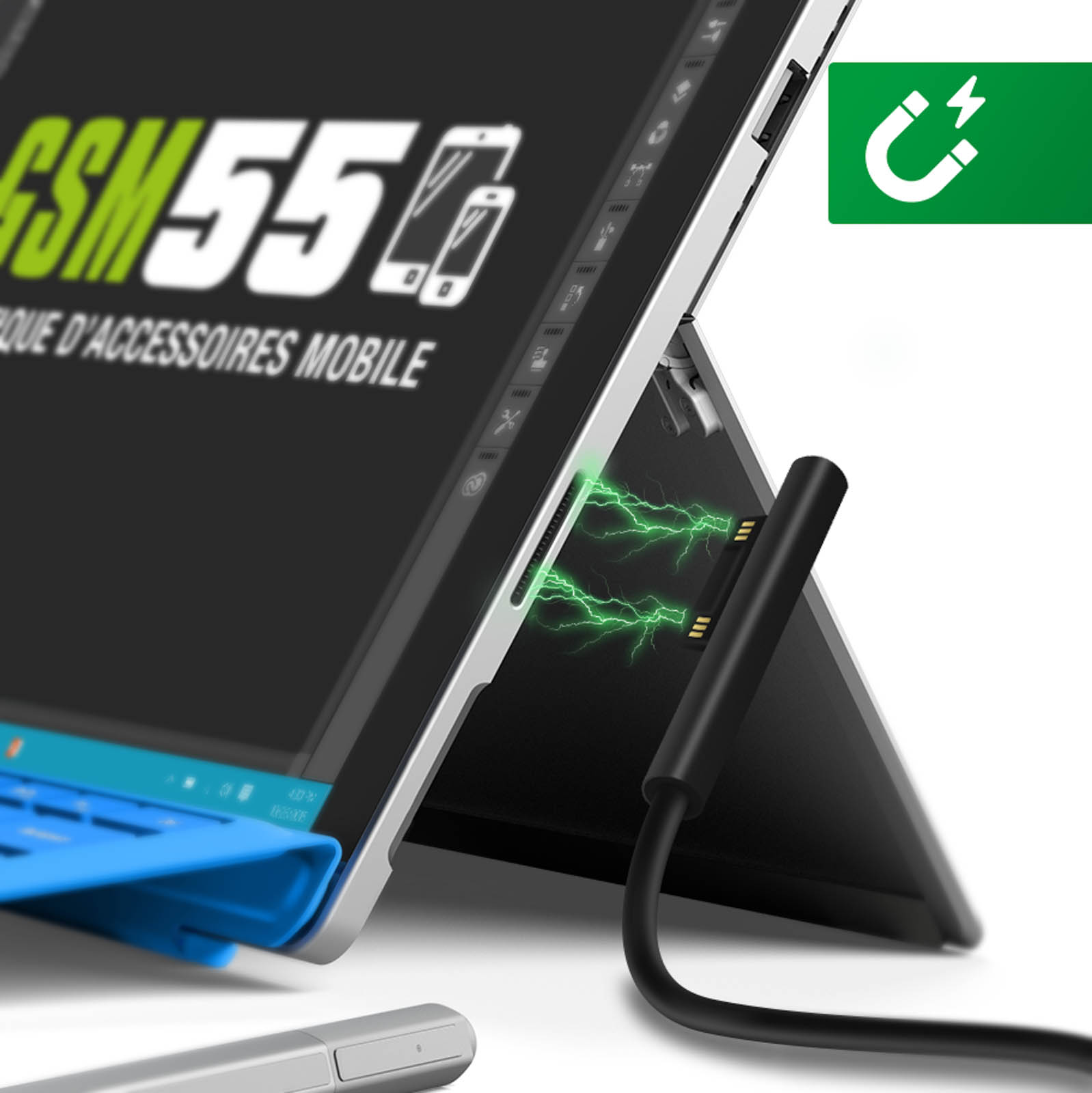 Laptop mit magnetischem Ladekabel. Ein Logo ist sichtbar. Grüne Funken am Anschluss.