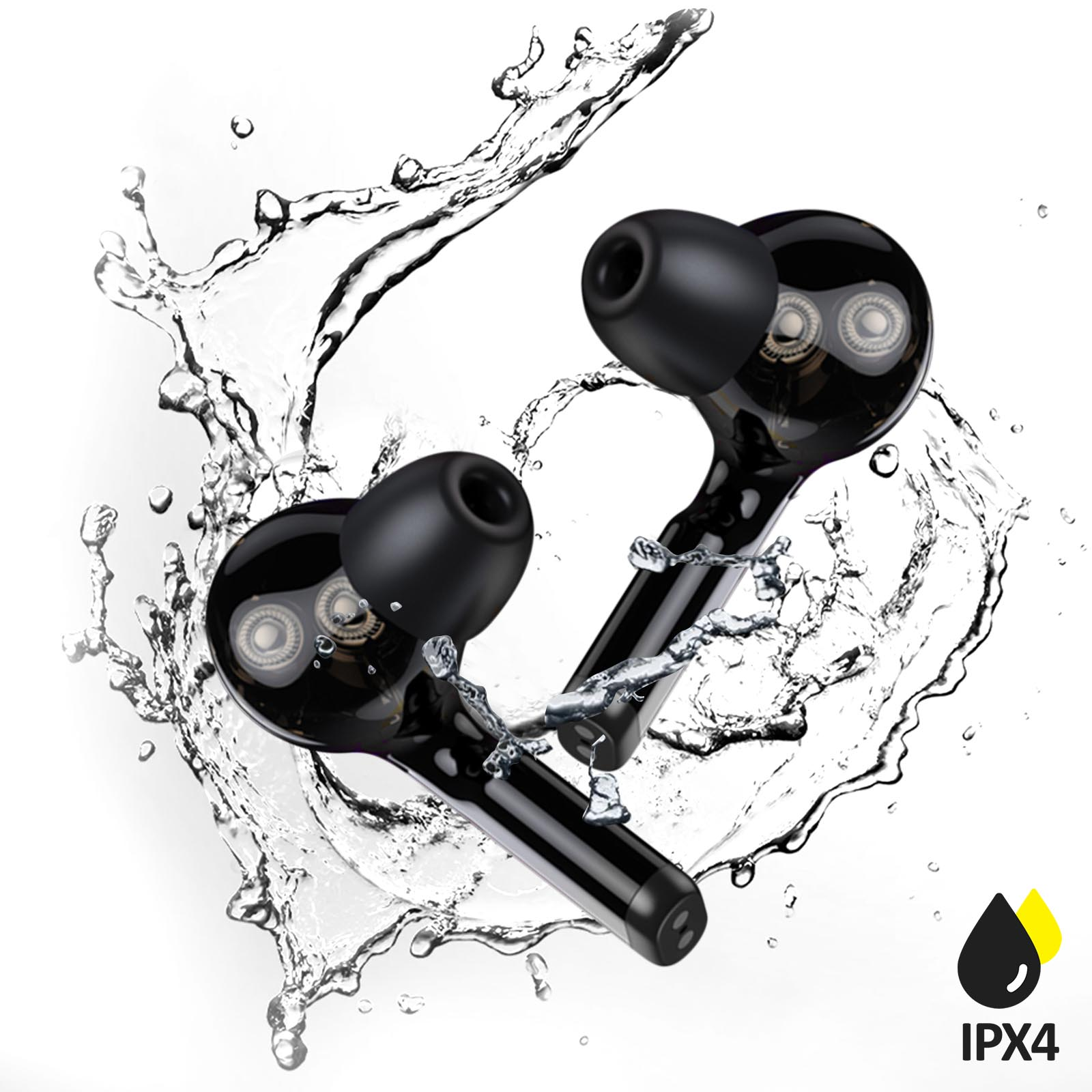Auricolari wireless neri con schizzi d'acqua, etichetta di resistenza all'acqua IPX4.