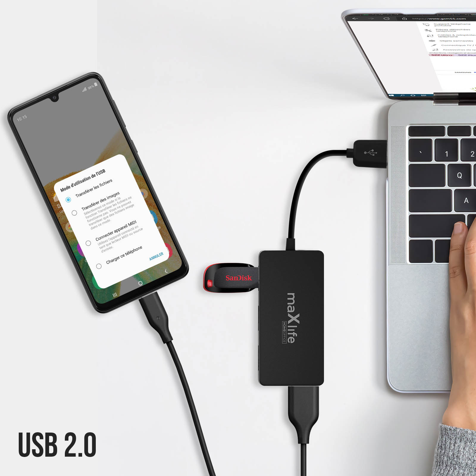 Ein Telefon und ein Laptop sind mit einem USB-Hub verbunden. Ein USB-Laufwerk ist ebenfalls angeschlossen.
